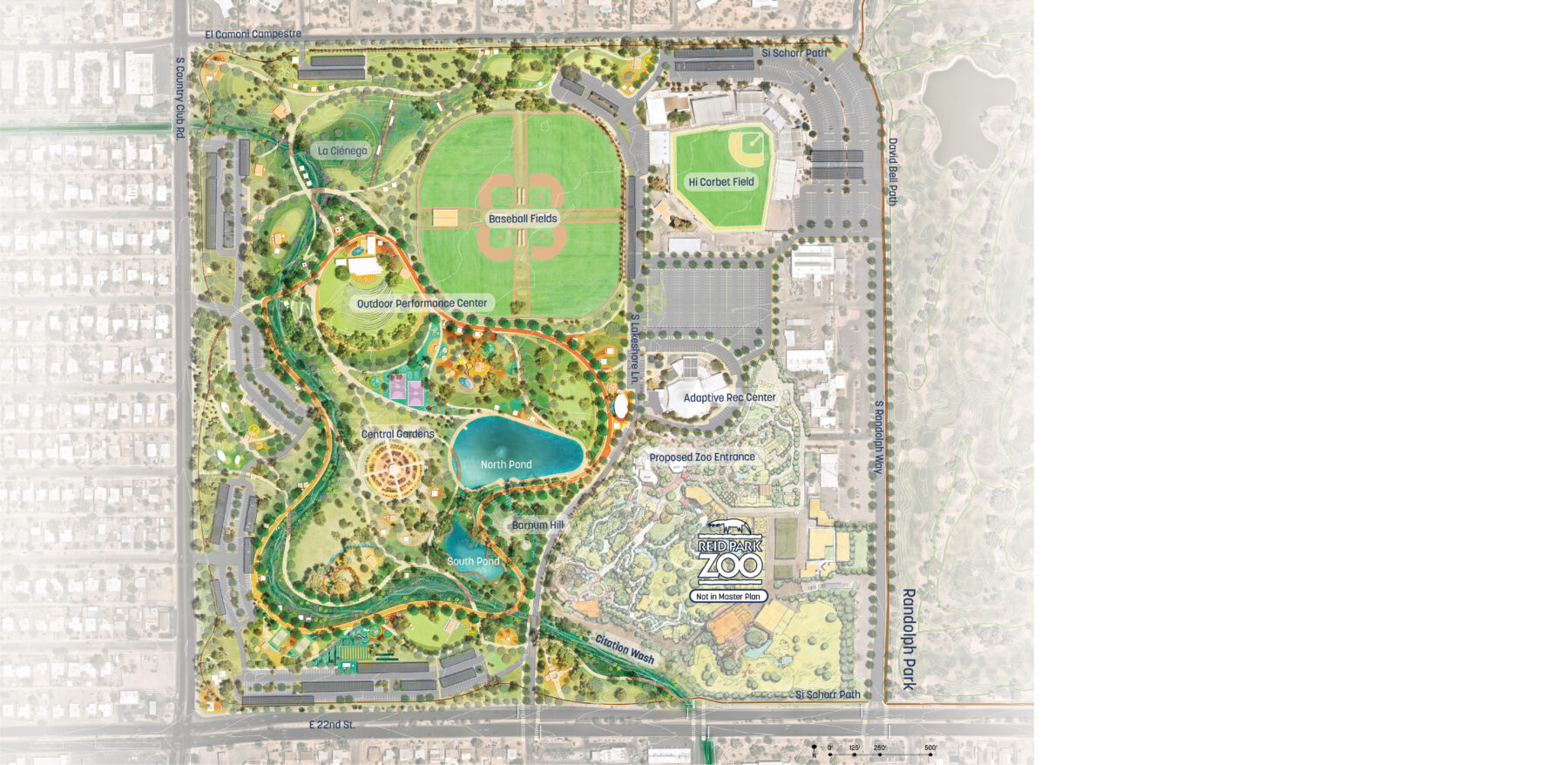Overall site plan showing the comprehensive vision for the park with labeled areas such as the Zoo, the ponds, the circulation paths, and the recreation areas
