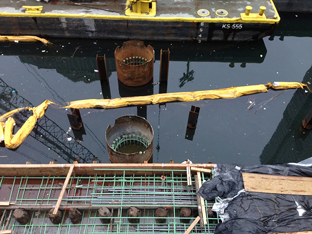 Caissons poking out of river