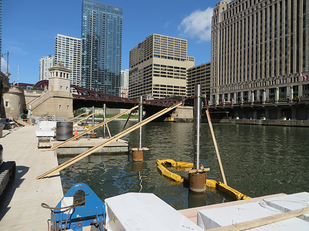 Installation of floating wetland pylons