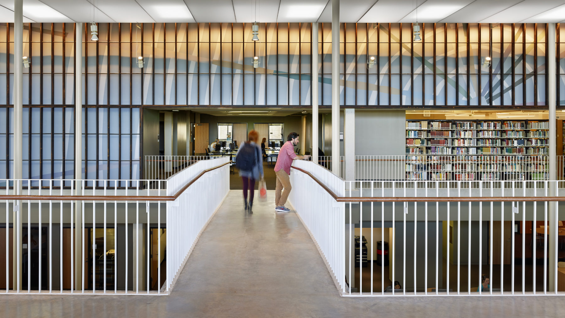 people on pathway in library