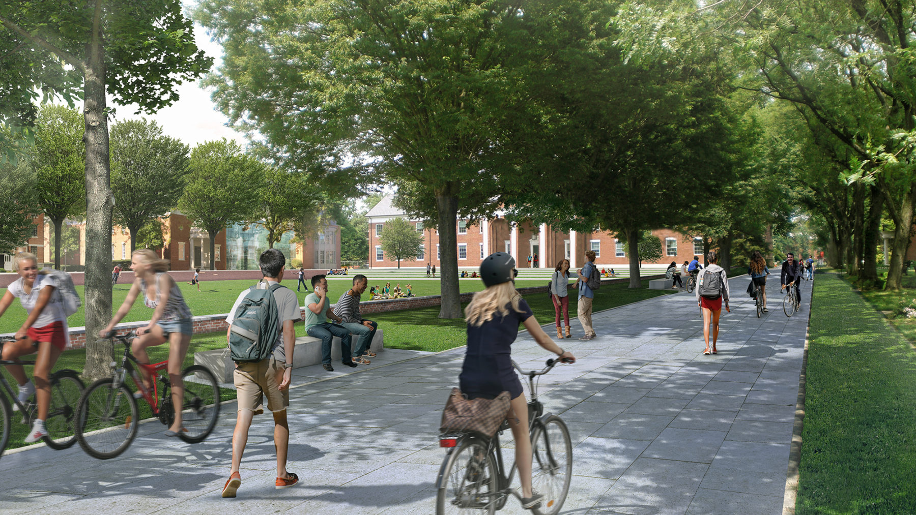 rendering of students walking and biking on path