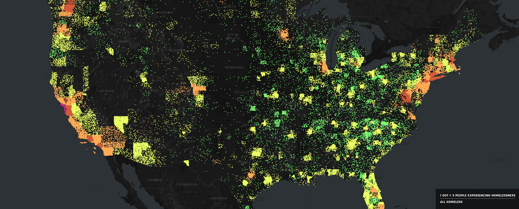 Map of United States with data clusters illuminated in different colored dots