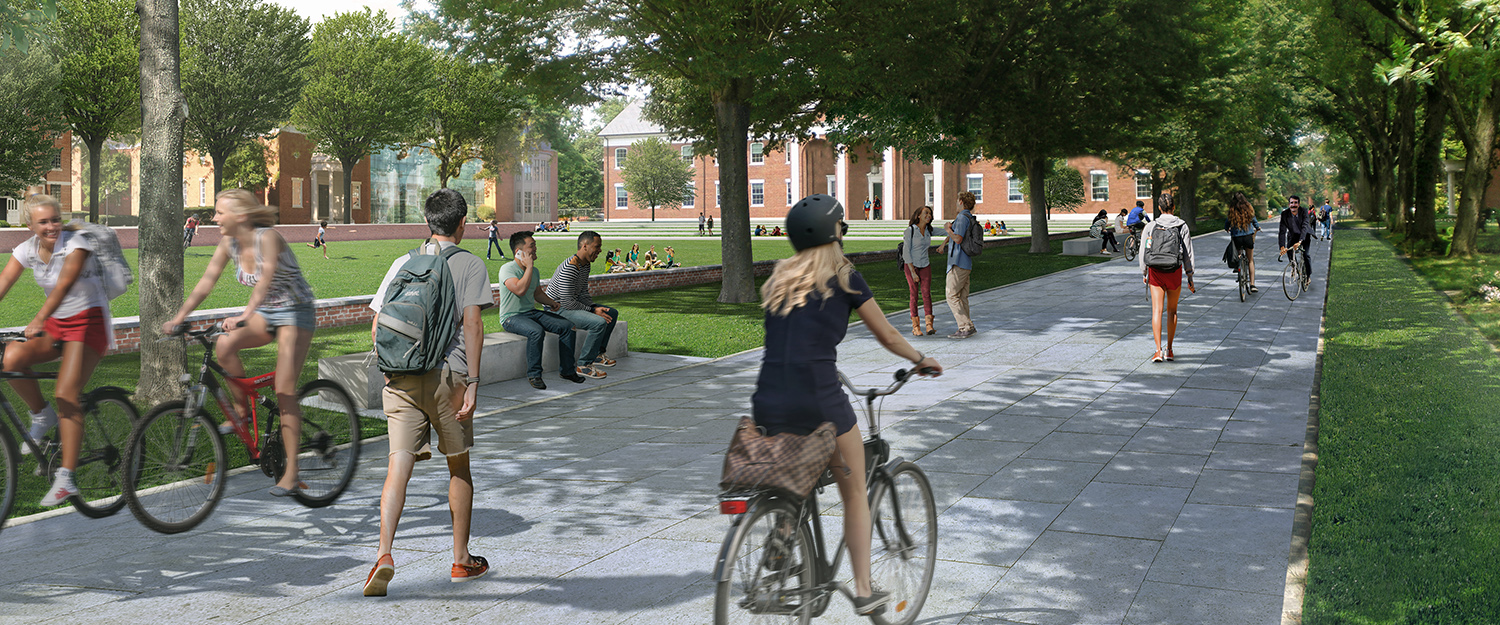 People walking and biking down a path