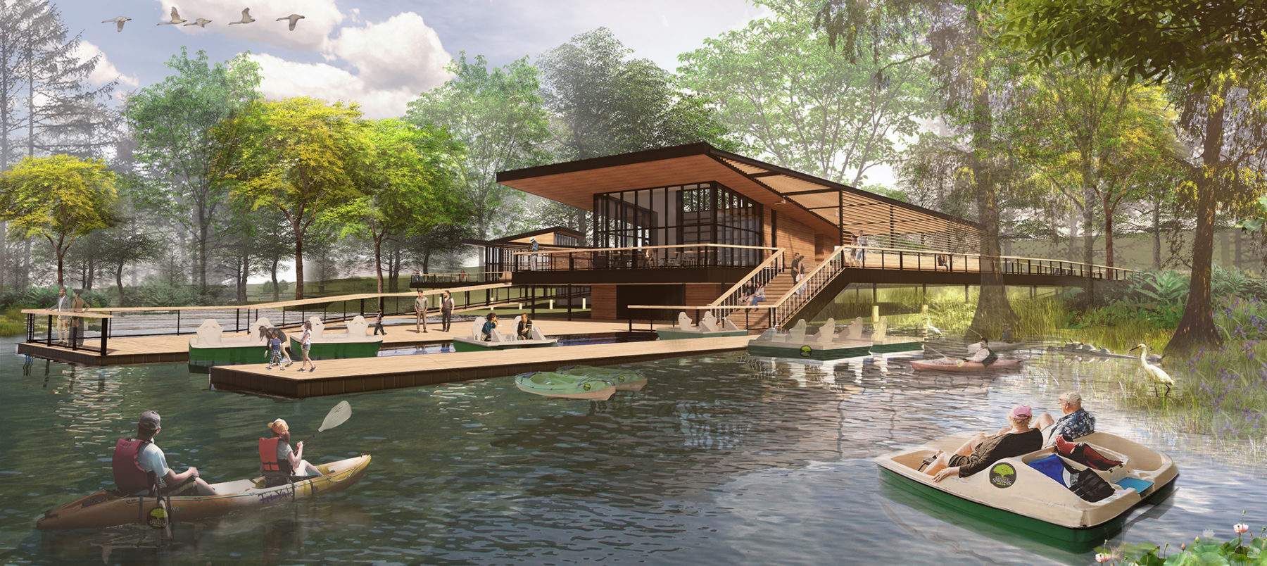 Rendering of bonnet springs park with people canoeing and paddle boating around the Nature Center