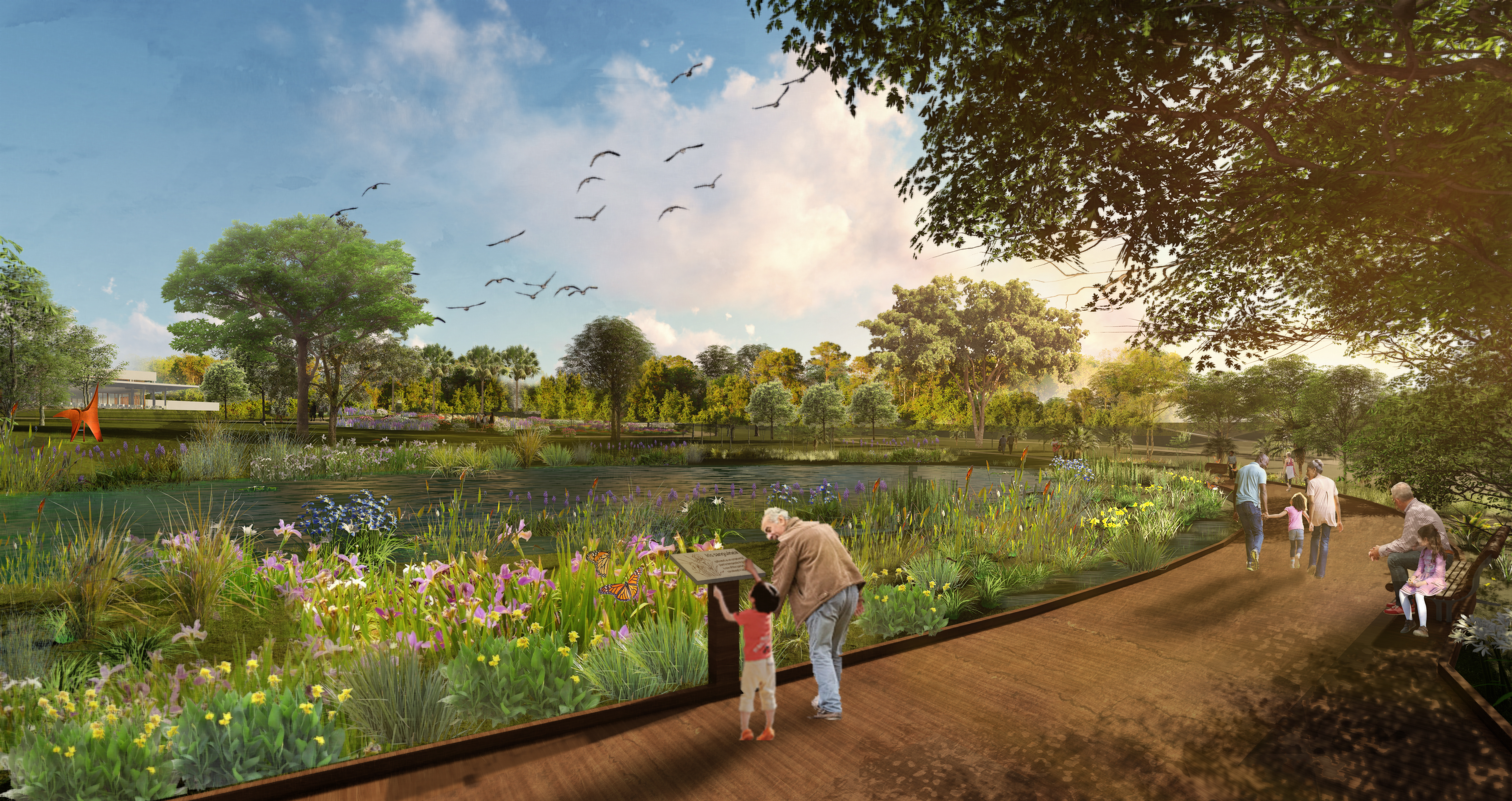 Man and young child reading signage at the wetland gardens