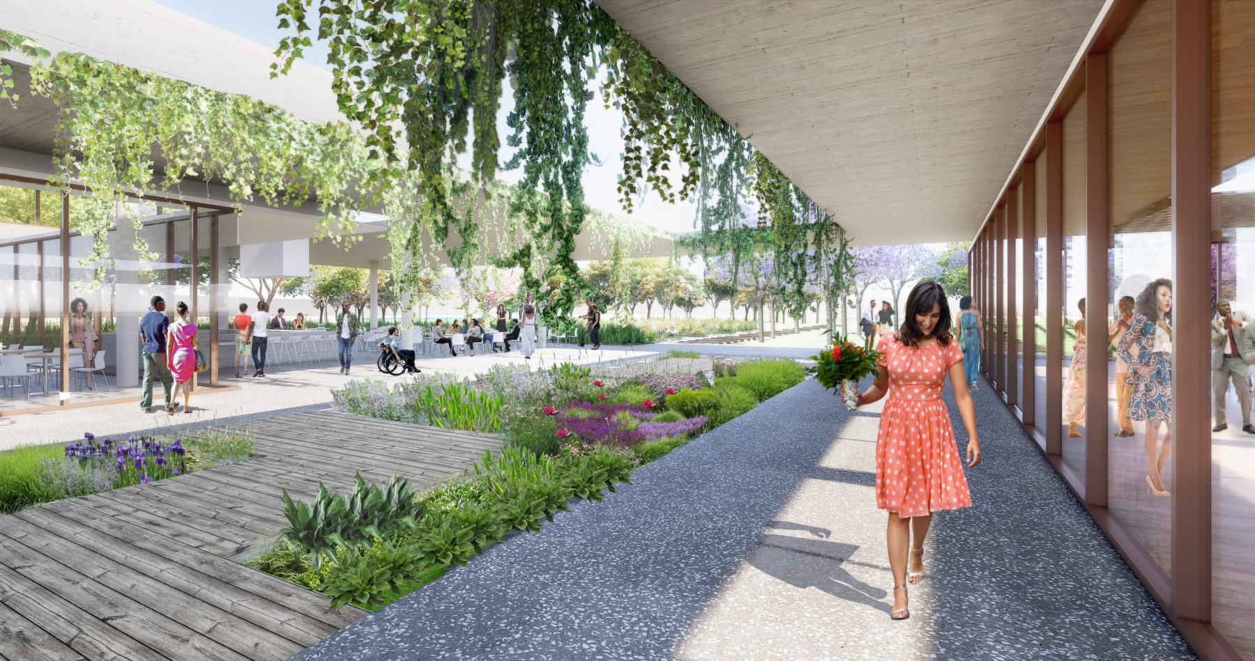 Rendering of a woman walking with flowers through the Bonnet Springs Event Pavilion