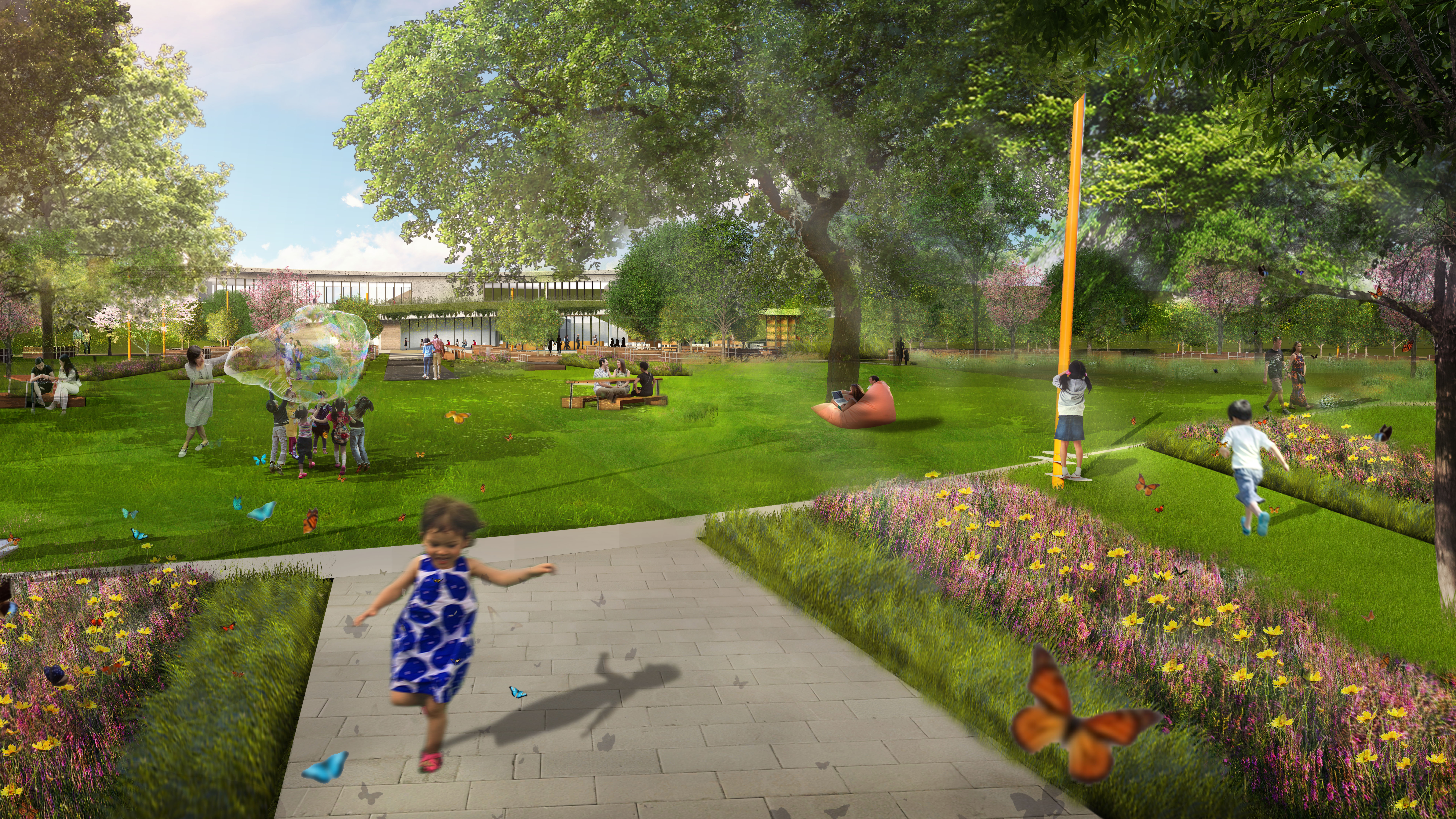 Rendering of a child running through the heritage garden