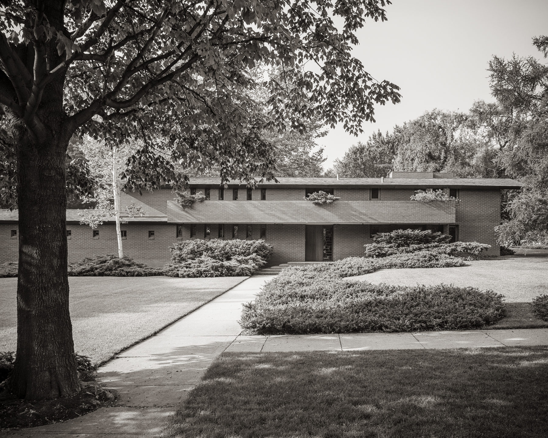 Black and white photograph of a ranch style house