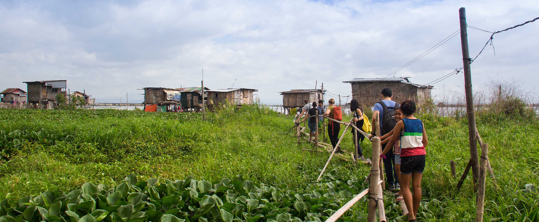 People walking along narrow path nestled in lush foliage