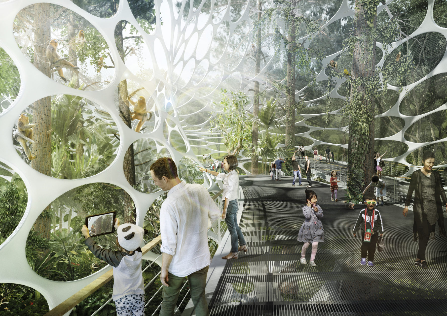 Families walking down a walkway through monkey enclosure