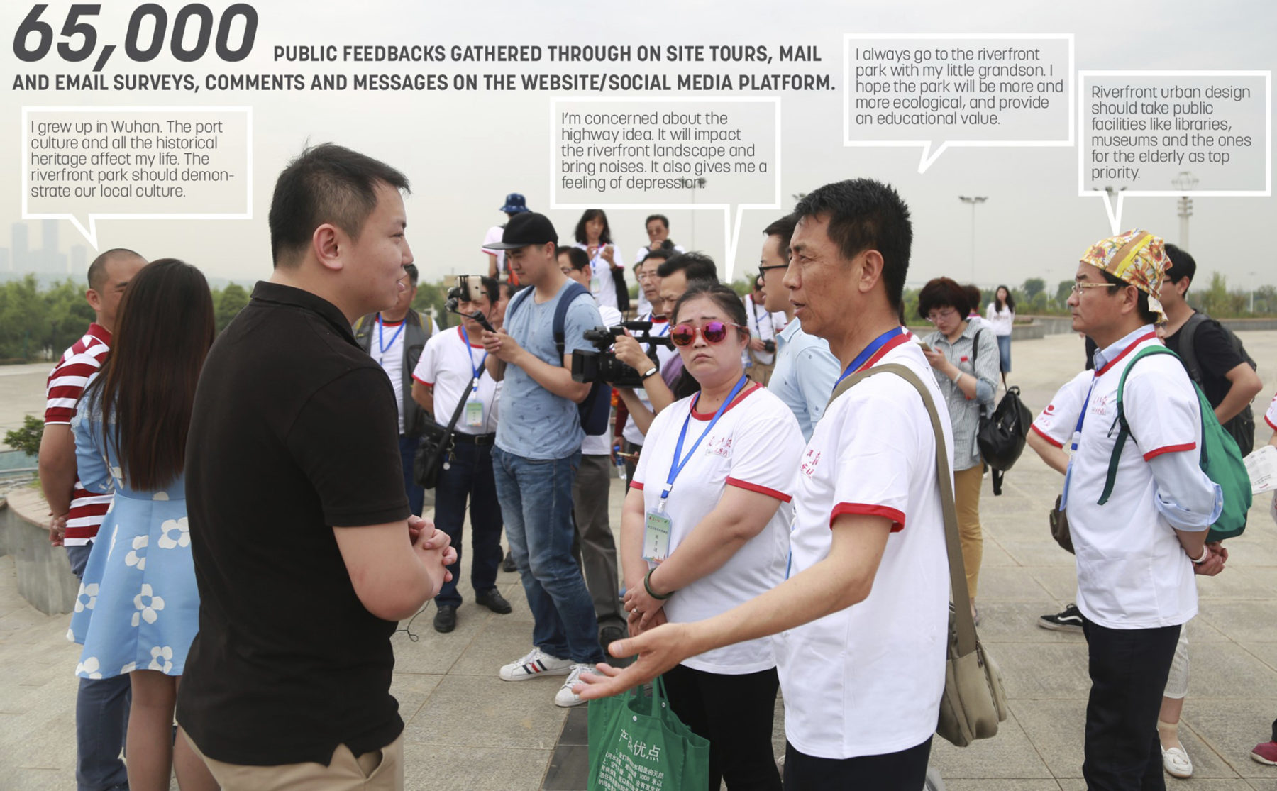 Man interviewing pedestrians on their thoughts on the Wuhan Yangtze Riverfront