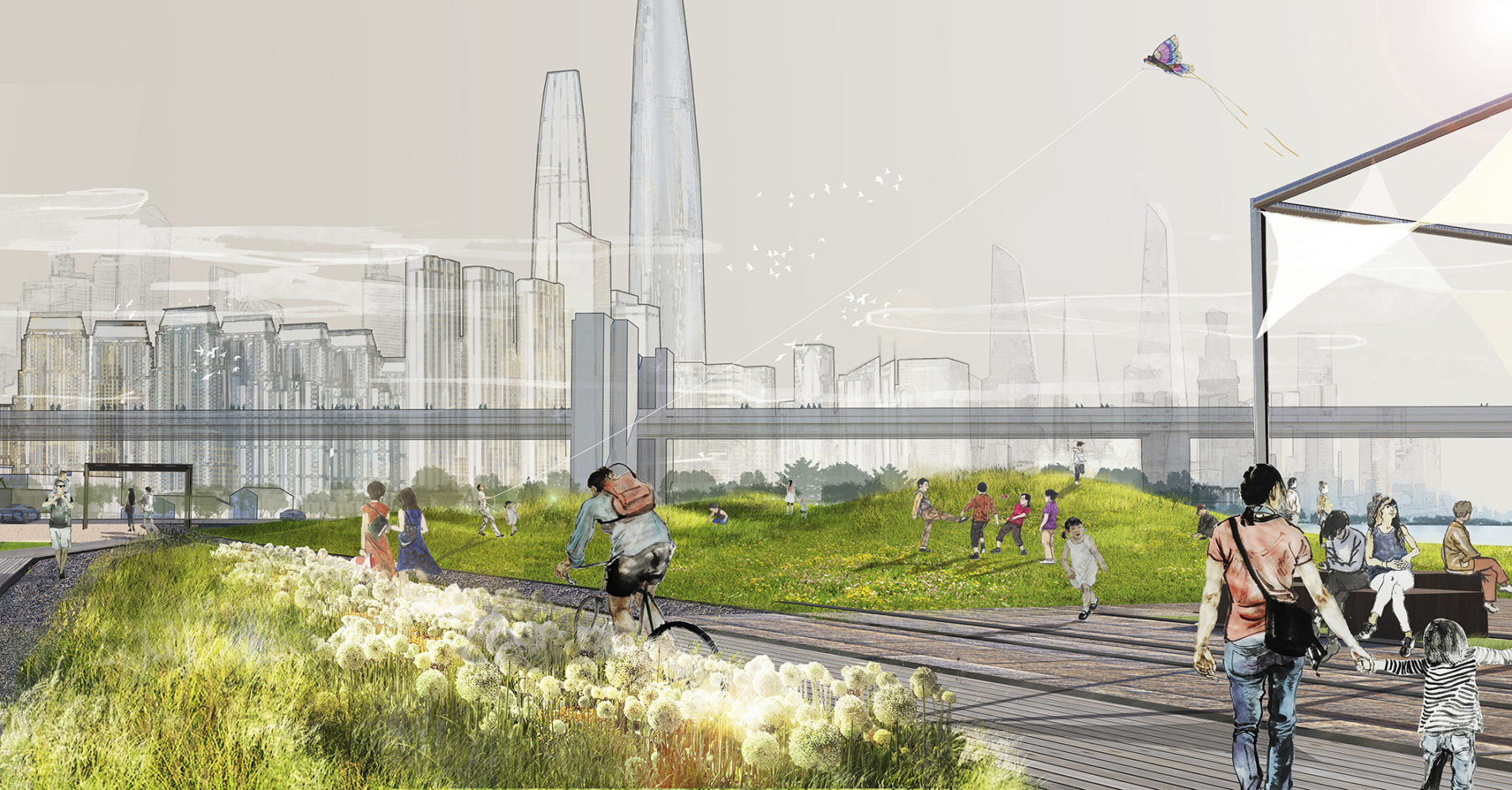 Pedestrians walk along the edge of the Wuhan Yangtze Riverfront Park