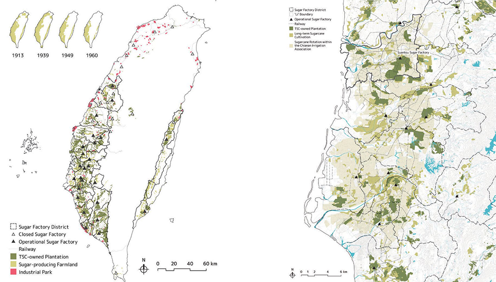 Map of sugar production in Tawain, 1980, and map of sugar factory districts in Chiayi and Tainan (including Suantou Sugar Factory), 1980