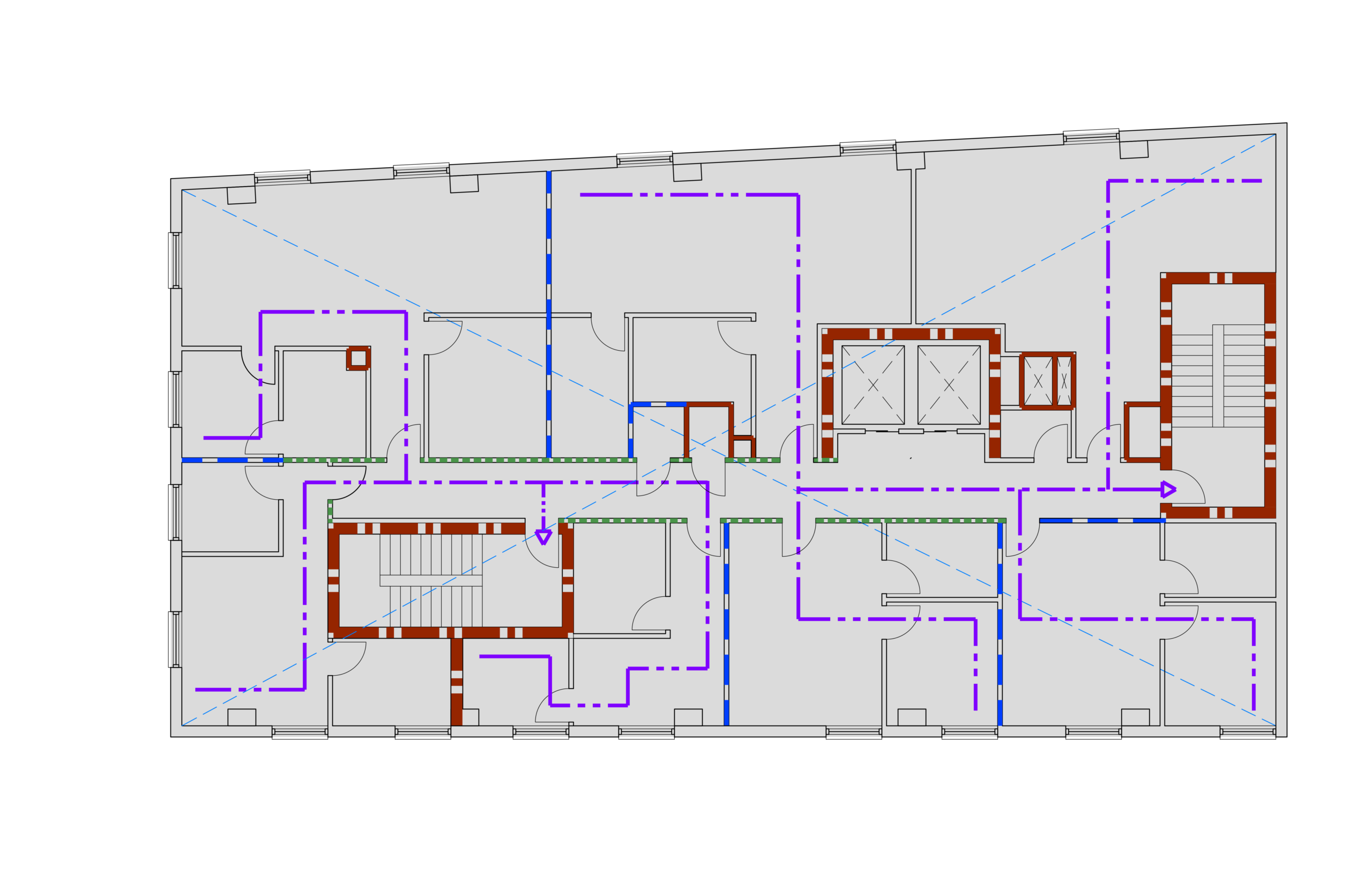 : Life Safety Diagram using different colors and line-patterns for increased clarity for different levels of fire-resistive construction, and egress distances.