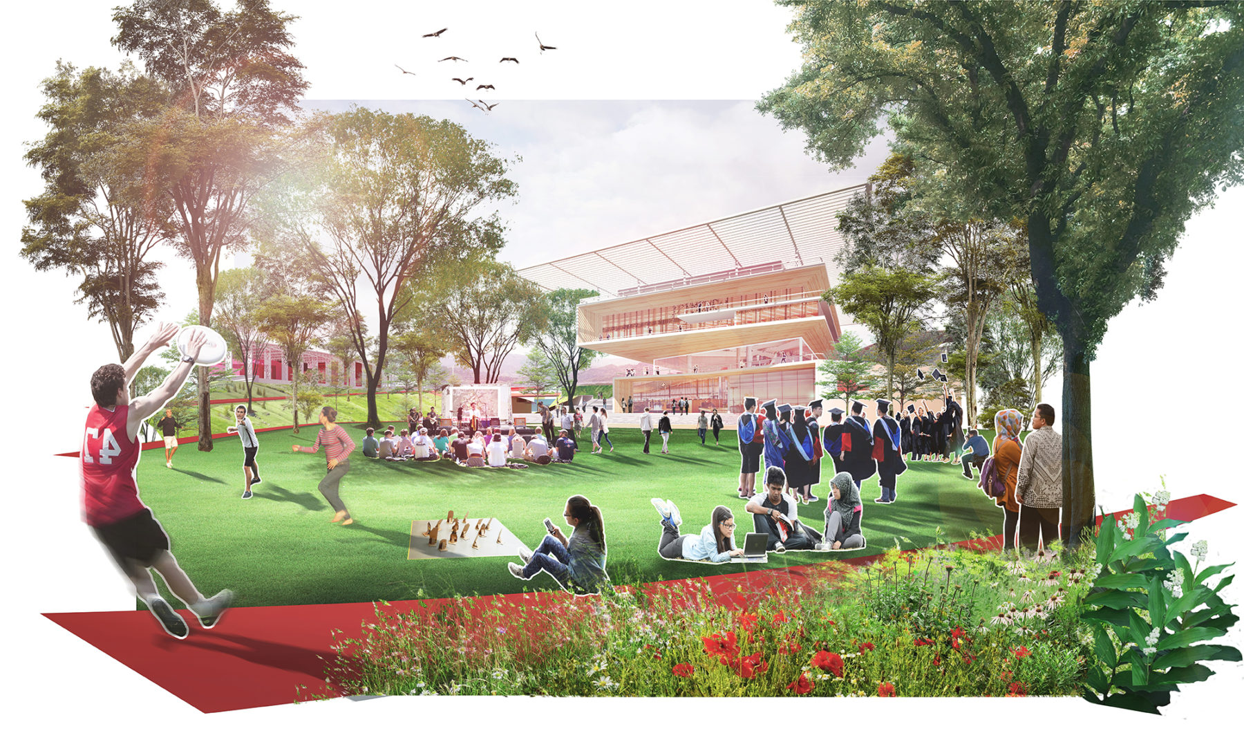 Render of people enjoying various activities on the campus green space