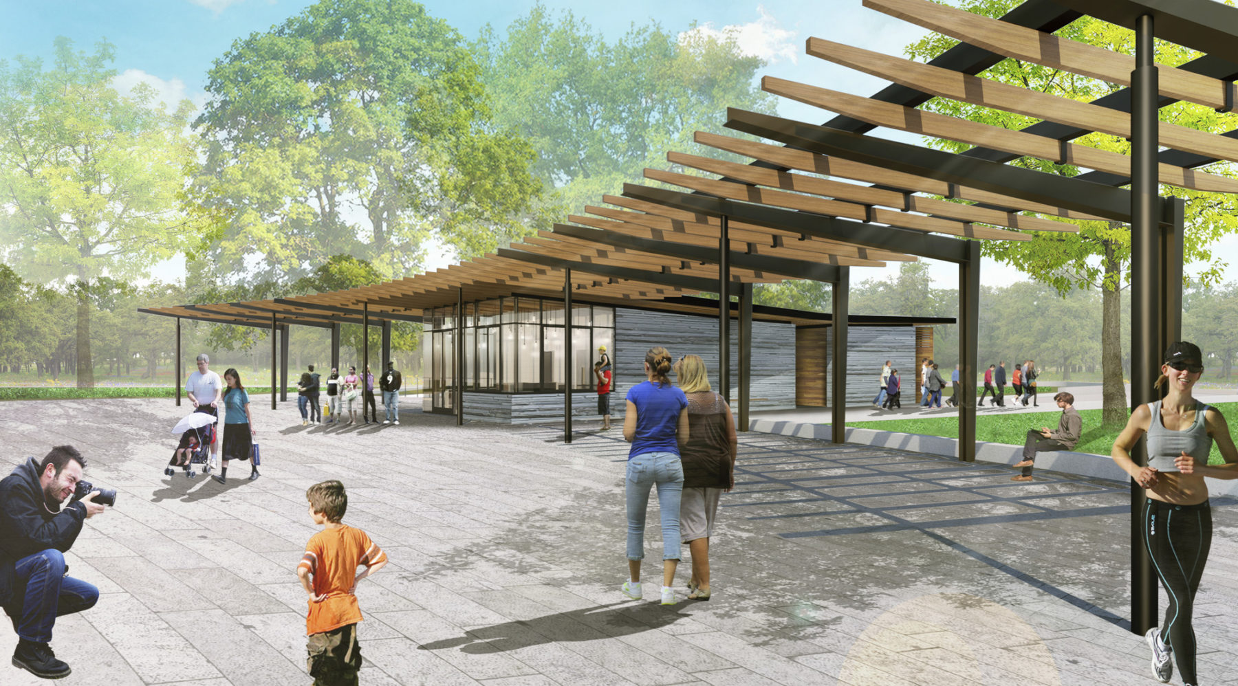 Rendering of people walking along the plaza under the trellis