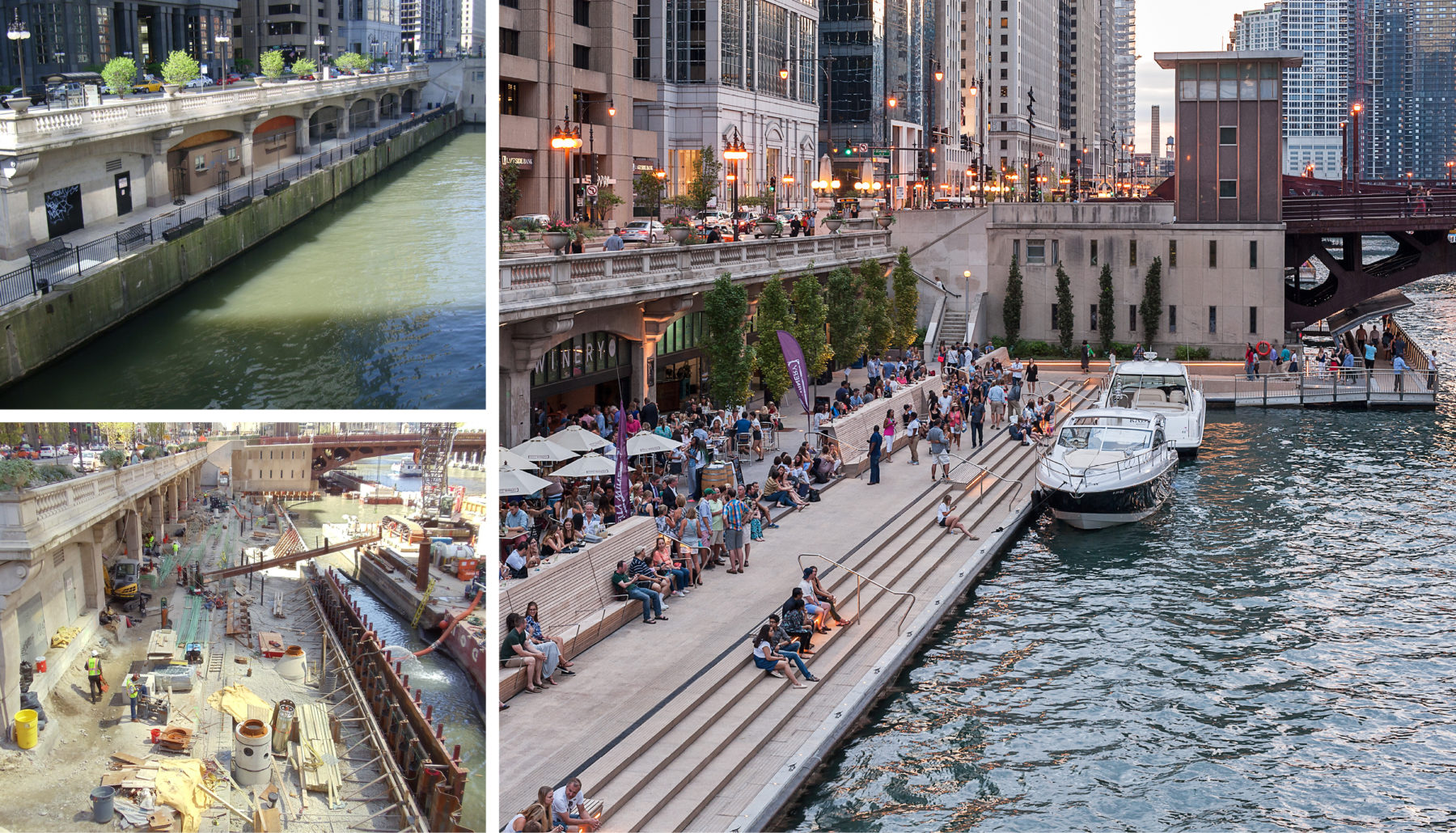 Before, during, and after shots of construction on the Chicago Riverwalk.