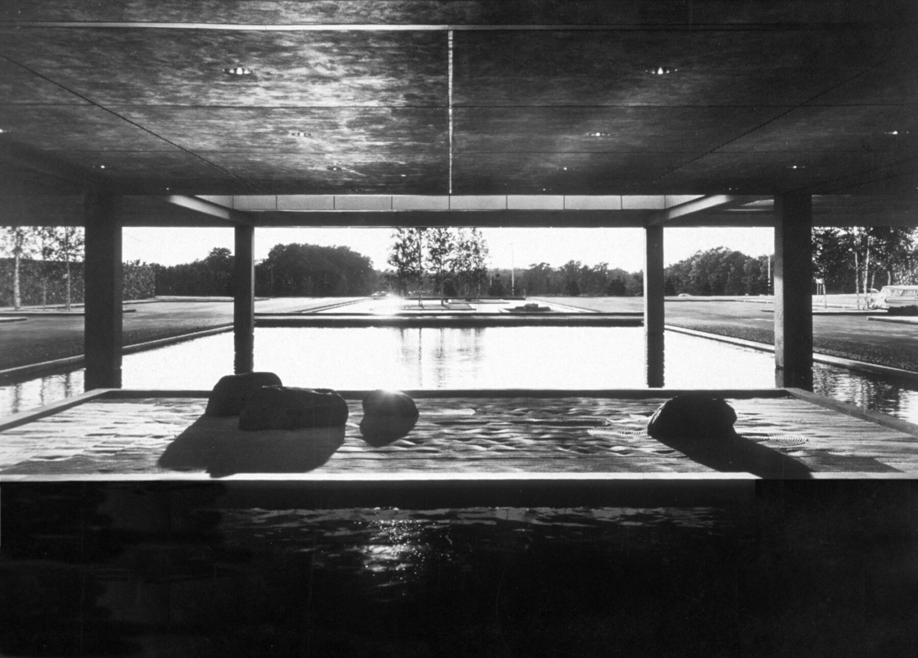 black and white photograph of garden and reflecting pool