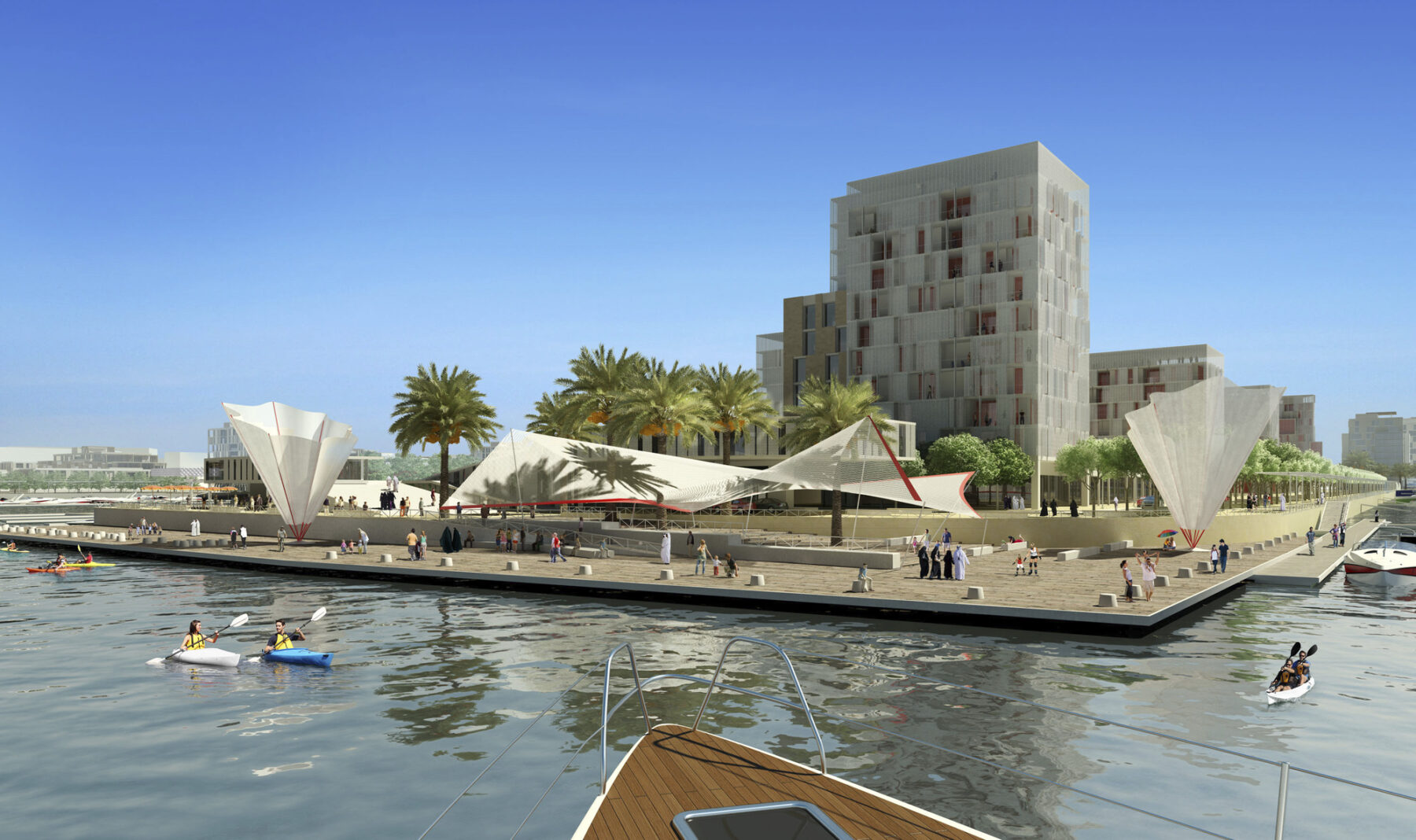 perspective rendering detailing sculptural elements on marina boardwalk