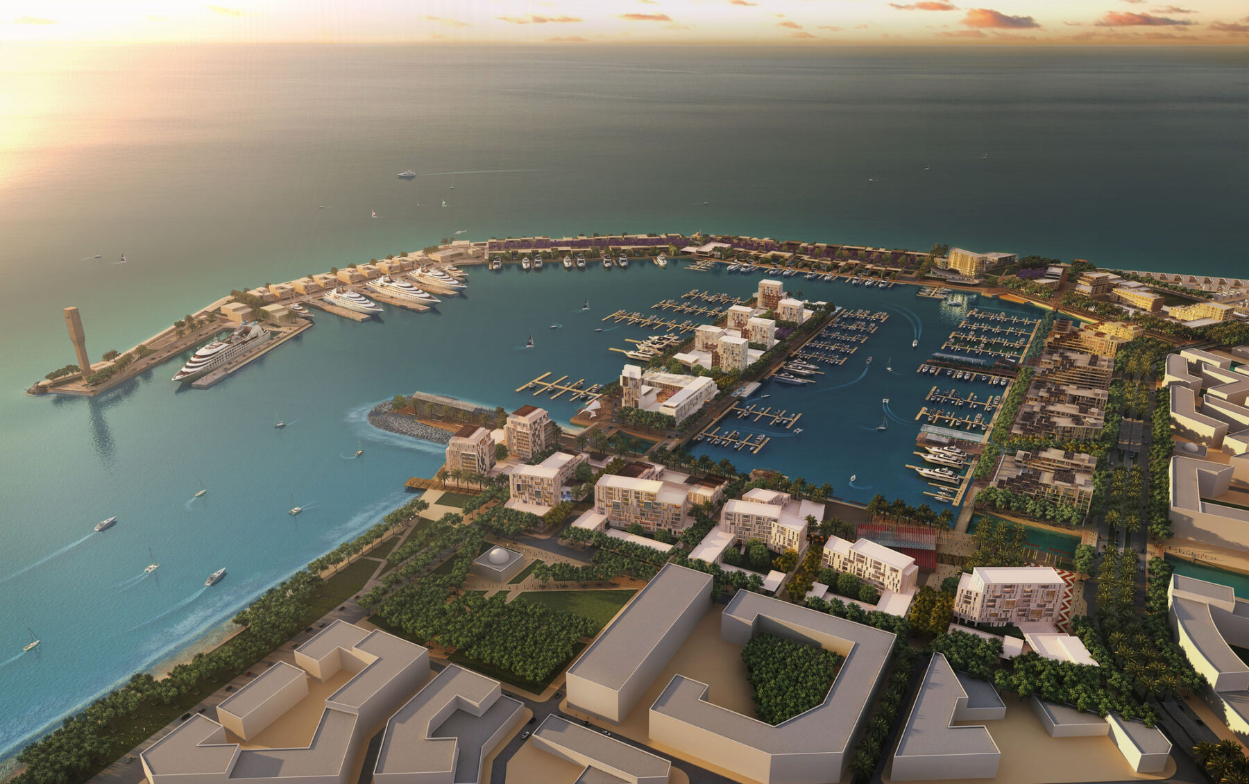 aerial rendering of Marina District Detailed Master Plan