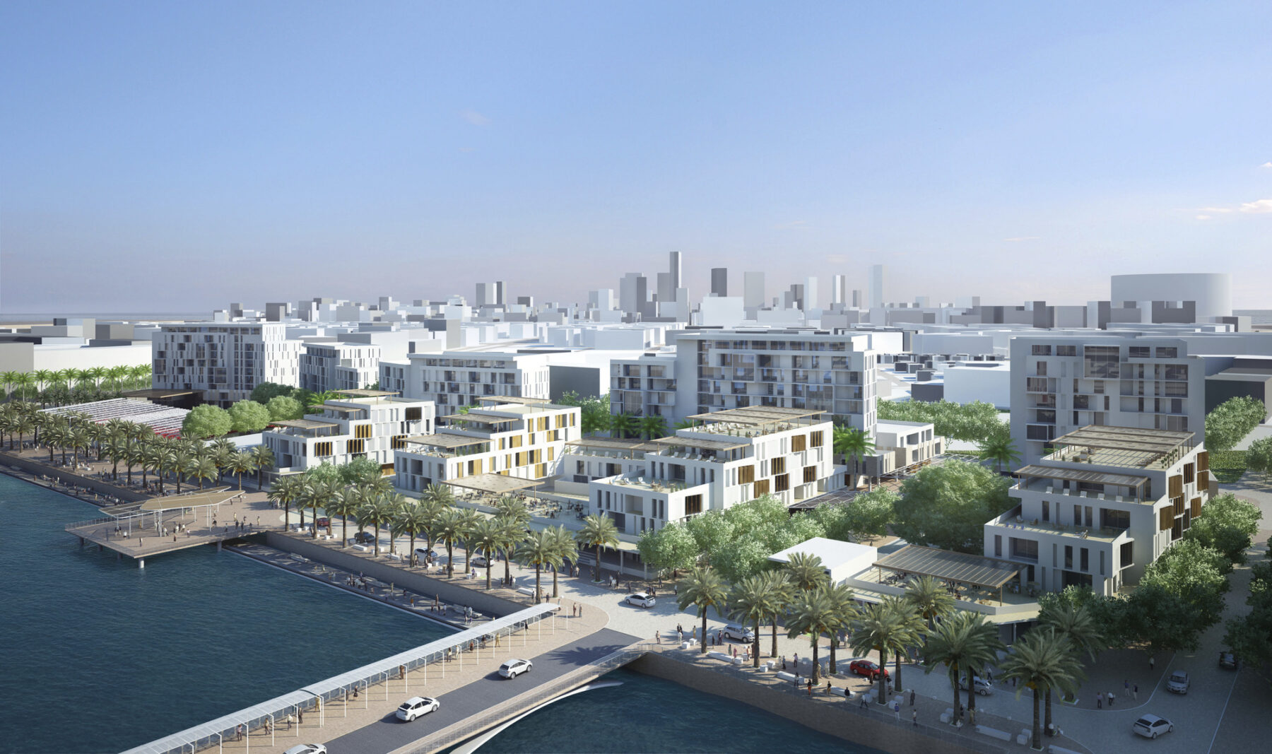 perspective rendering of Marina District Detailed Master Plan detailing the waterfront architecture