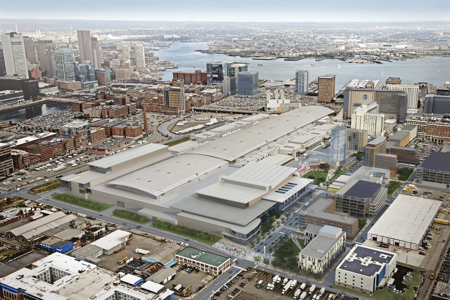 Aerial rendering of the convention center and D street