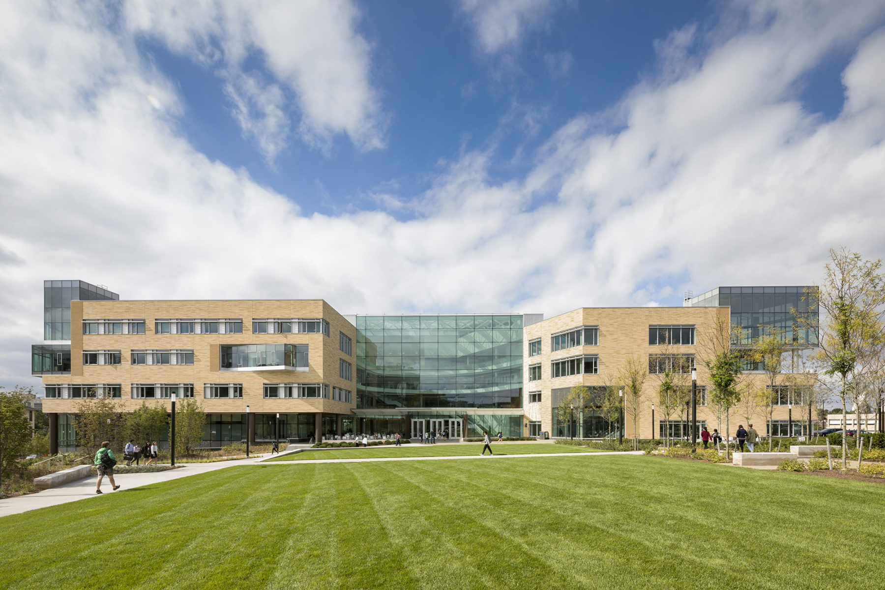 Photograph of exterior view of the Green, the front entrance of Tepper Quadrangle.