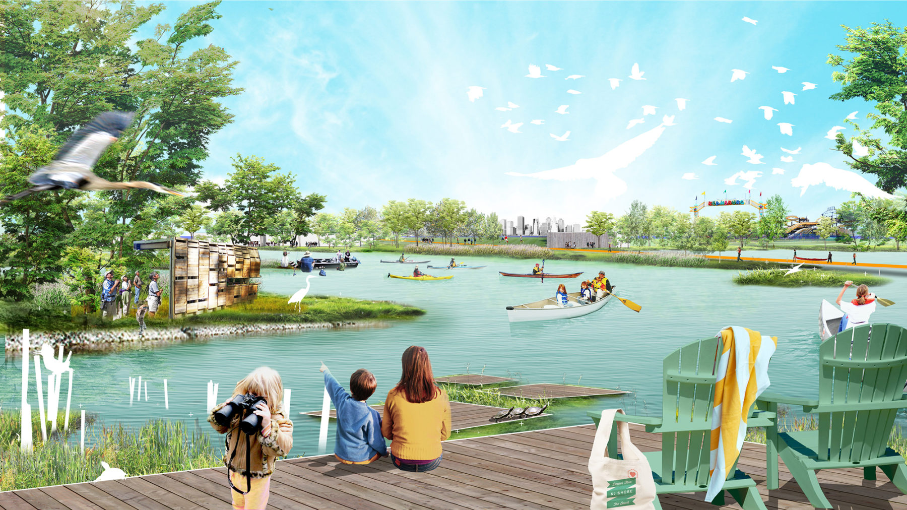 Perspective of Inland Bay vision with people sitting on a dock looking at wildlife and kayakers