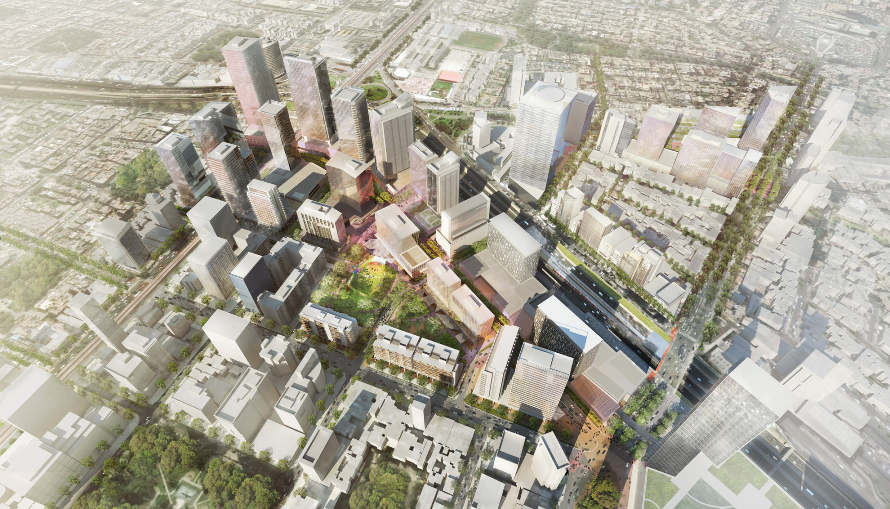Render of proposed financial district. Multiple high rise buildings spanning multiple blocks