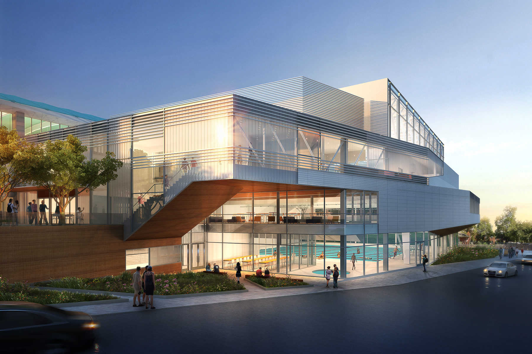 Exterior rendering of the gym illuminated at dusk