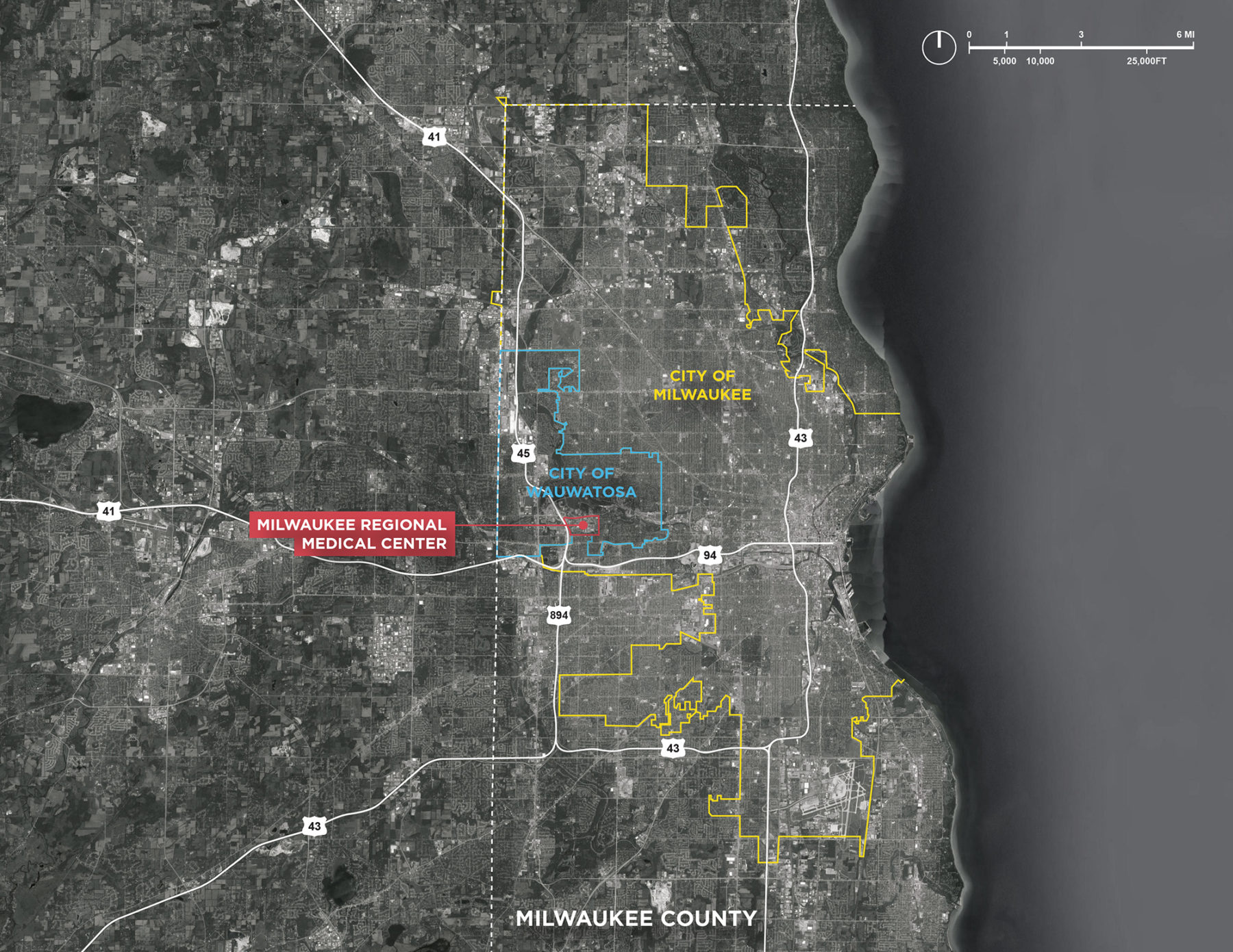 Map of City of Milwaukee with an arrow pointing to Milwaukee Regional Medical Center