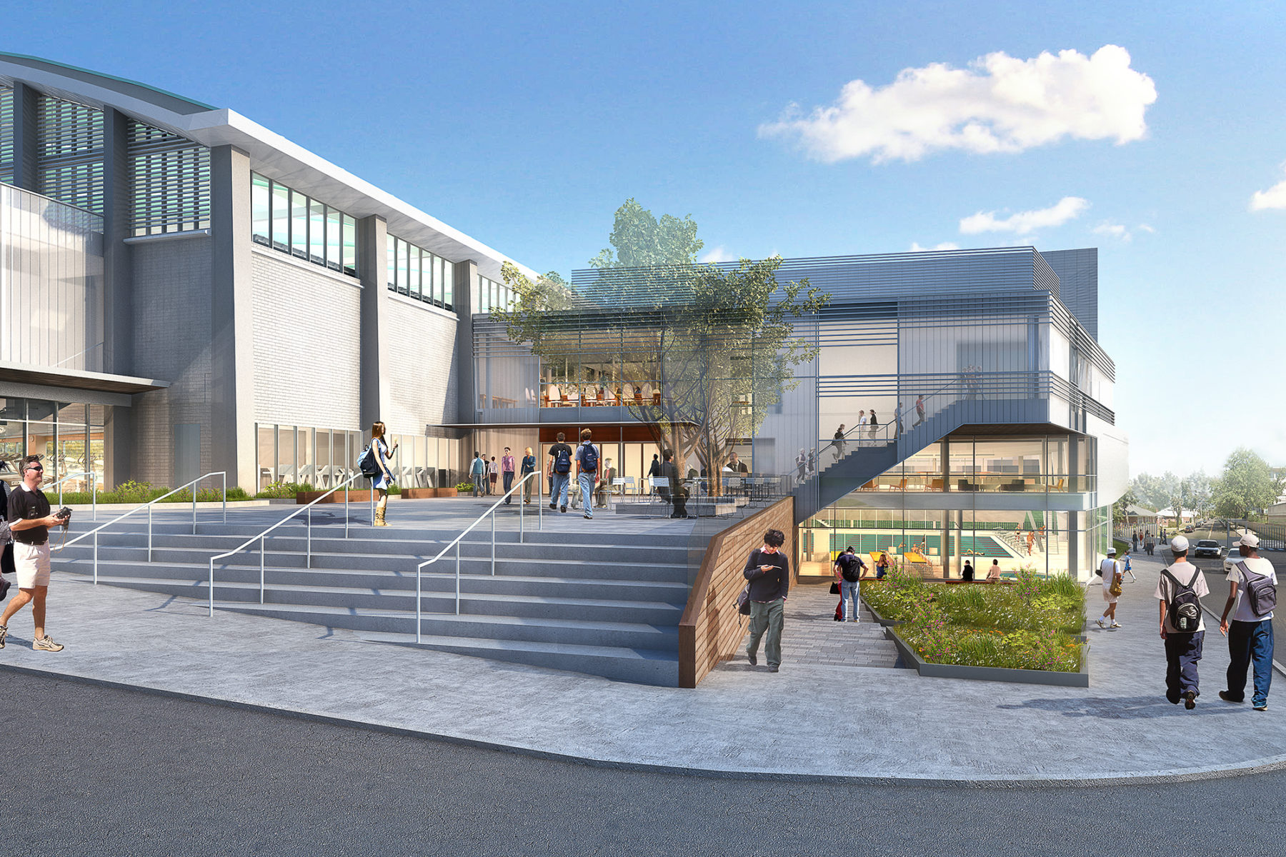 Exterior rendering of entry plaza and stairs