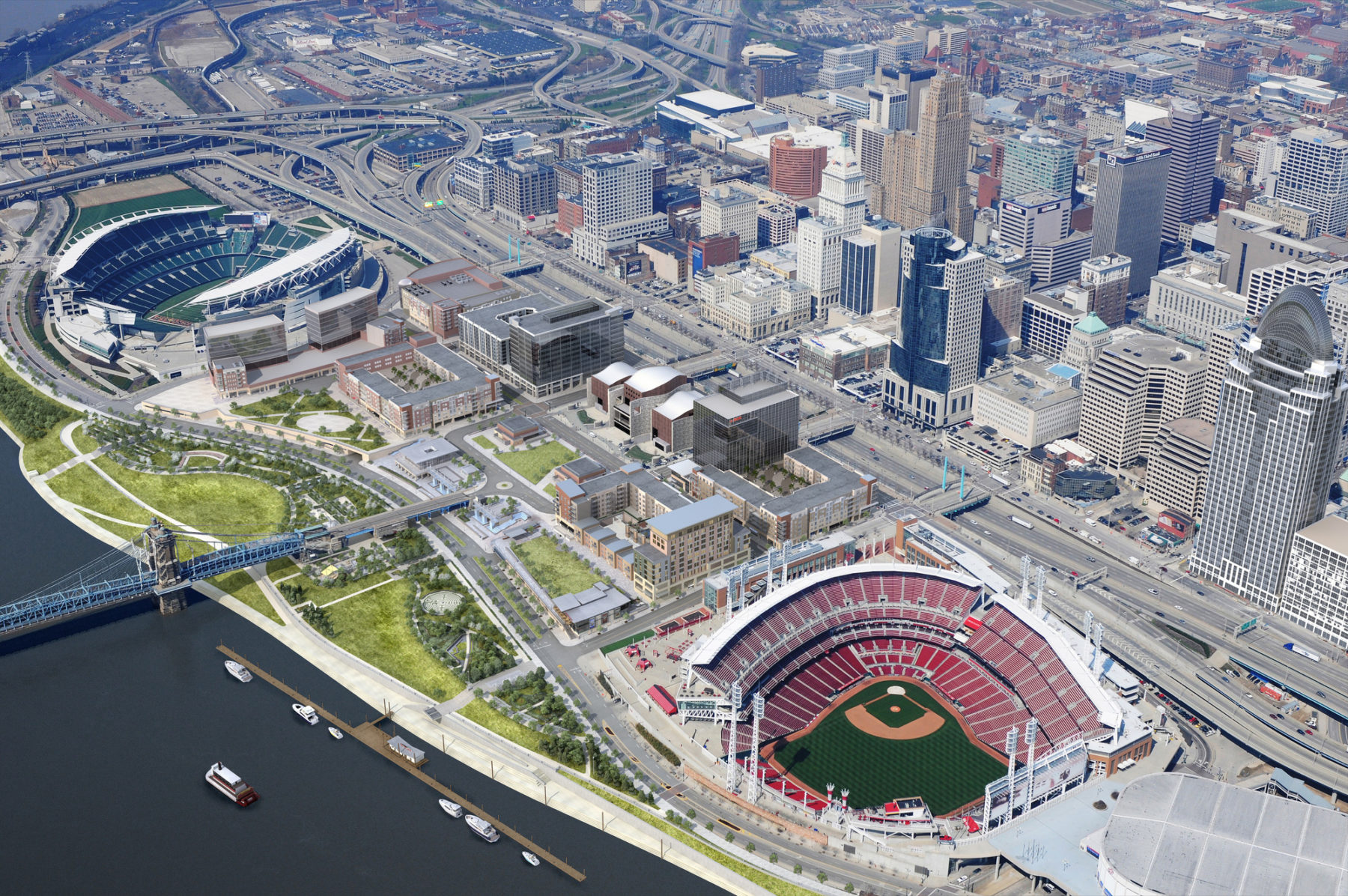 Aerial view of the Cincinnati John G. and Phyllis W. Smale Riverfront Park