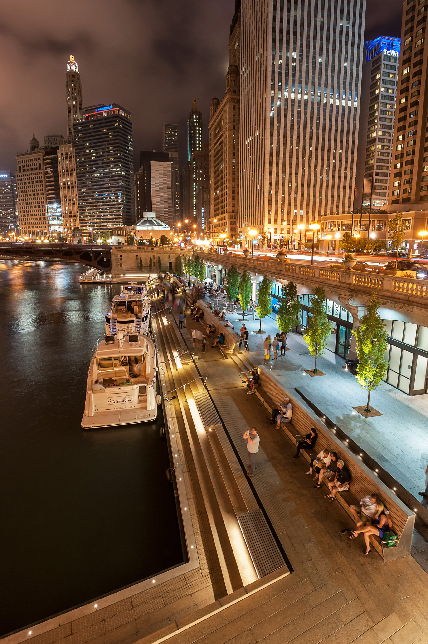 riverwalk boat launch at night