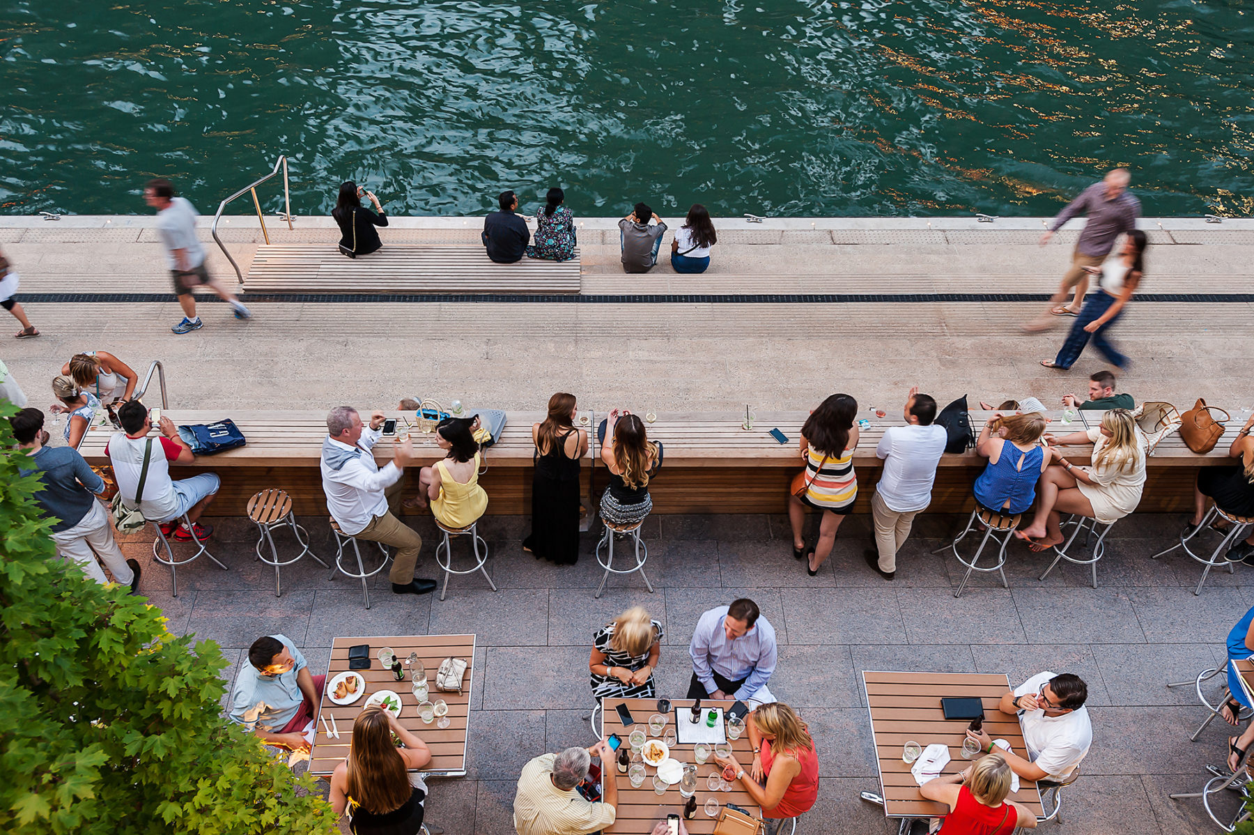 overhead image of people on marina