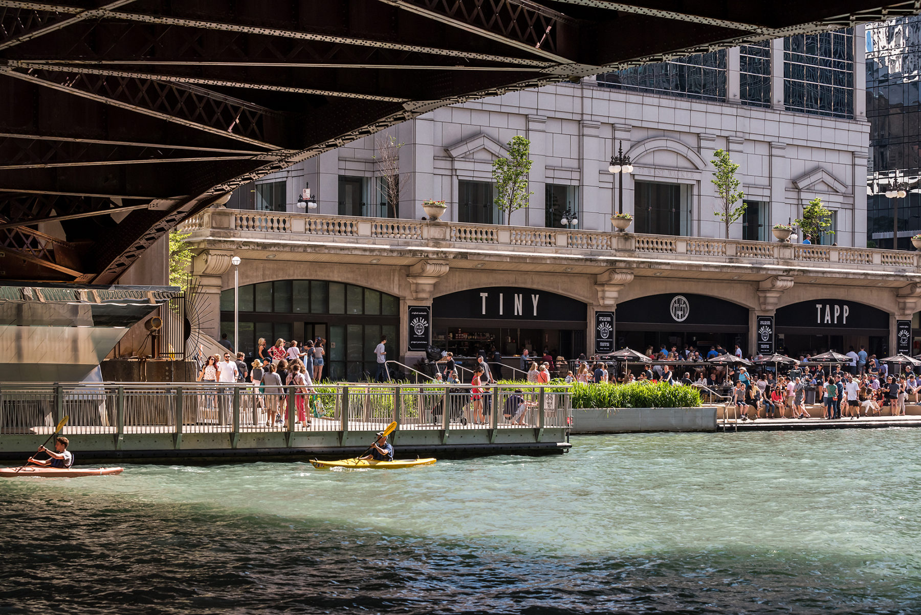 underside of bridge on chicago riverwalk