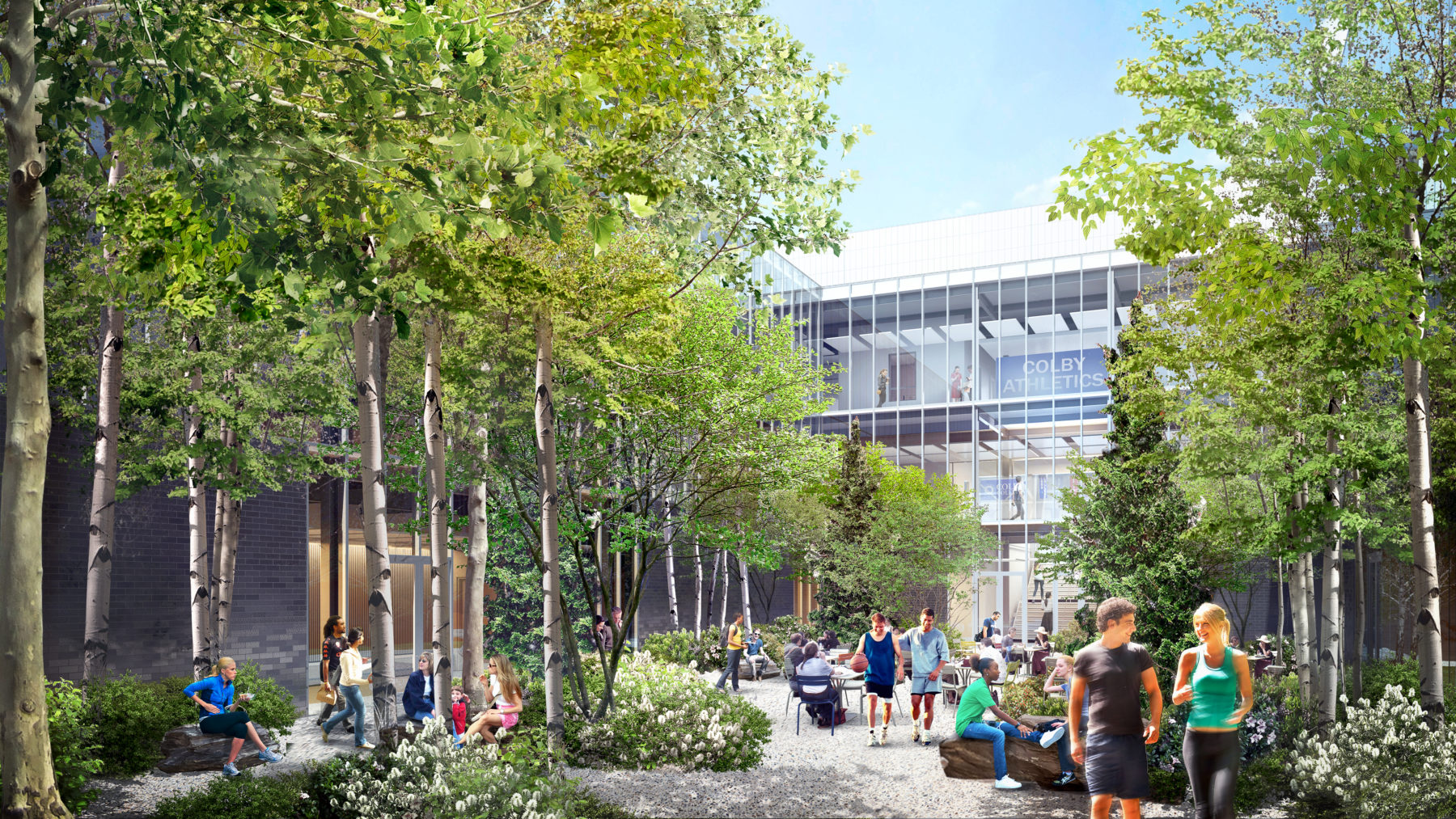 Outdoor courtyard leads into the new Colby College Athletics Center