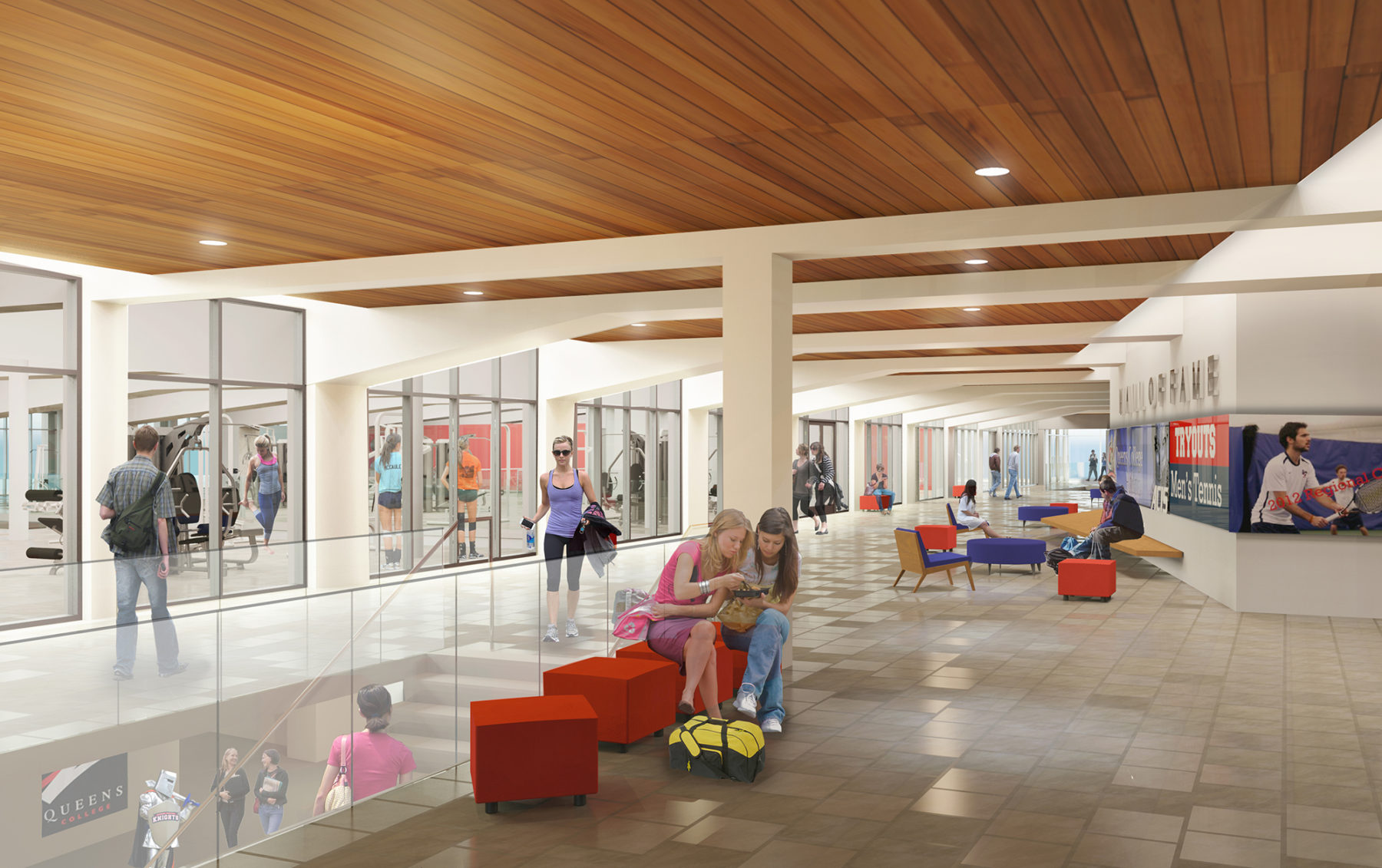 Interior rendering of one of the building's common spaces. Two students sit on movable furniture in the foreground.