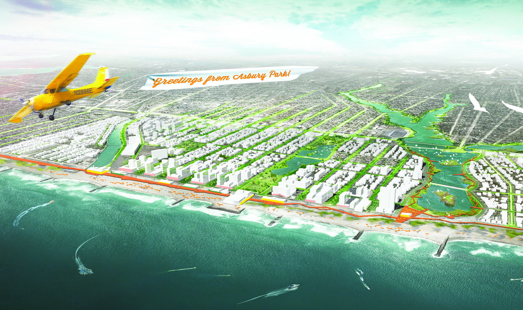 Aerial rendering of Asbury Park with vision of the site. A helicopter with a greetings banner flies overhead