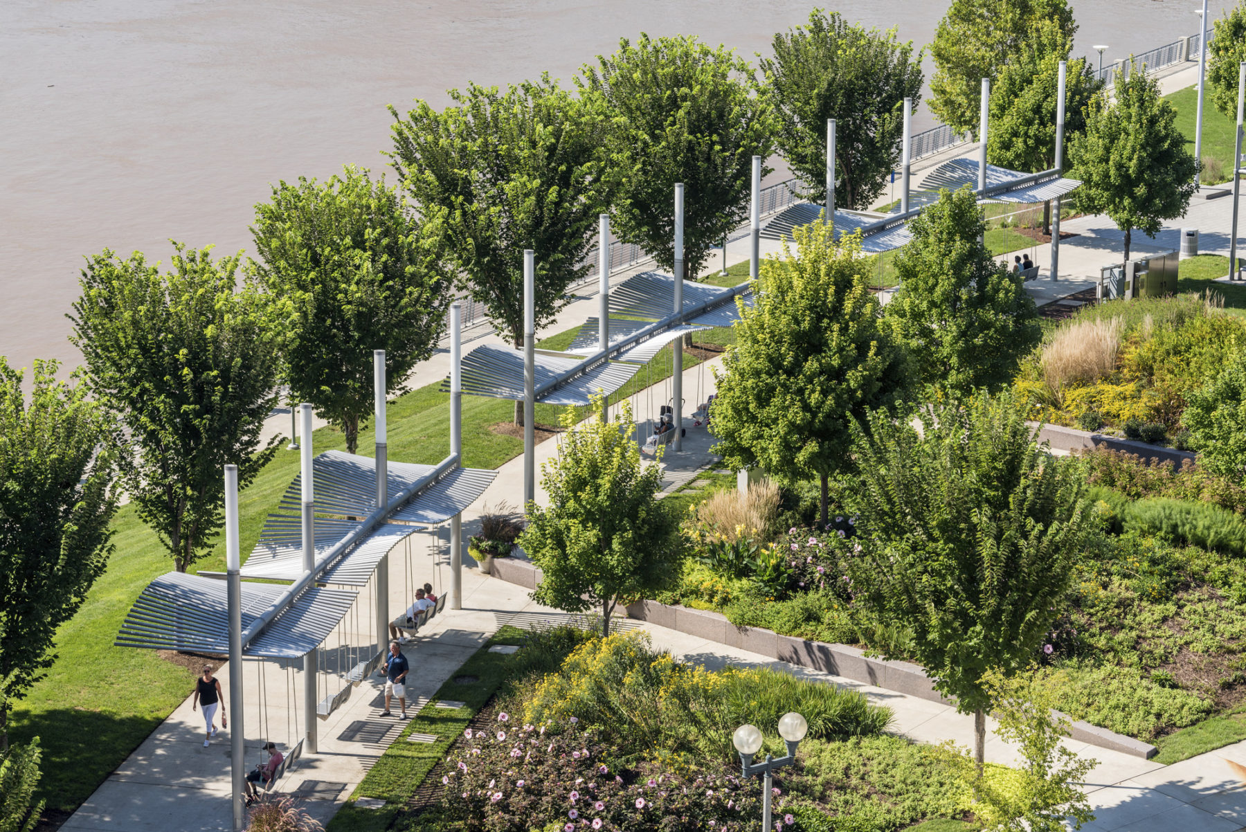 Aerial view of benches and greenery