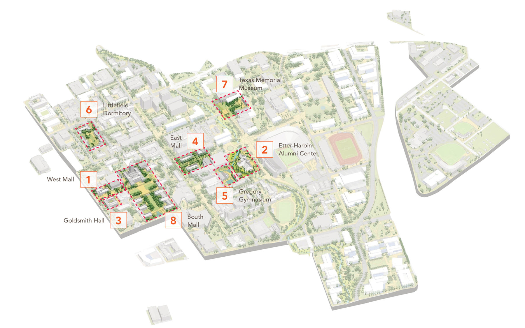 Aerial rendering of campus highting major site features