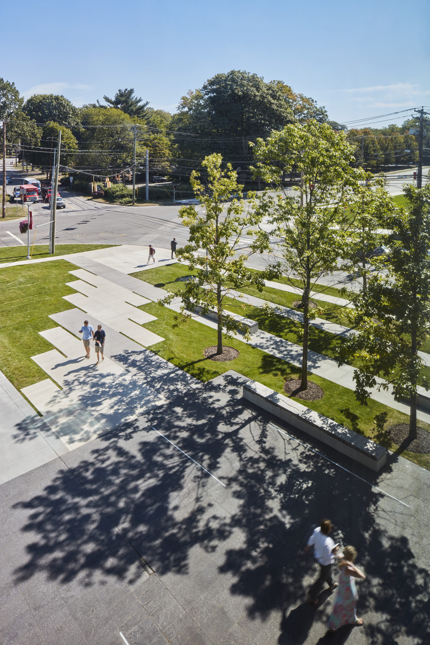 overhead shot of people walking across campus