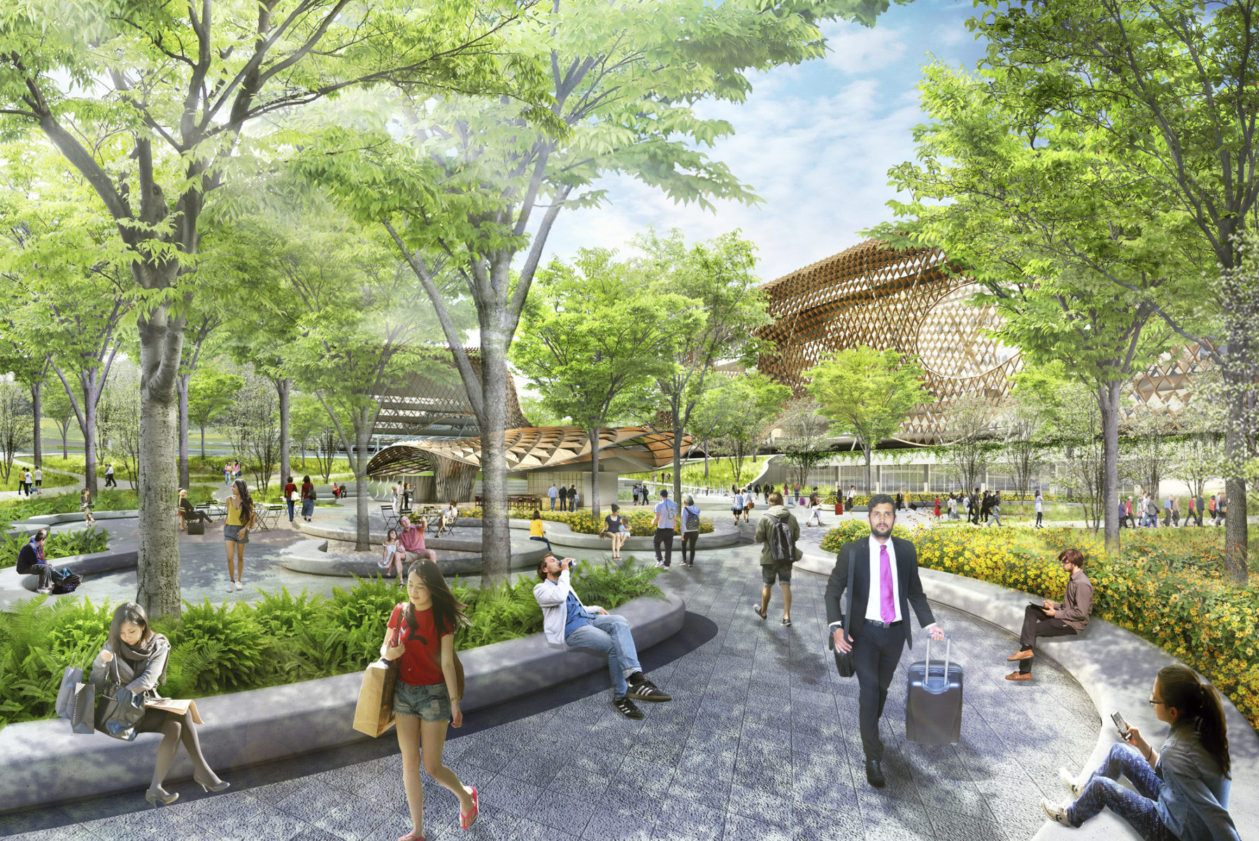 Render of people enjoying the park area outside the train station hub