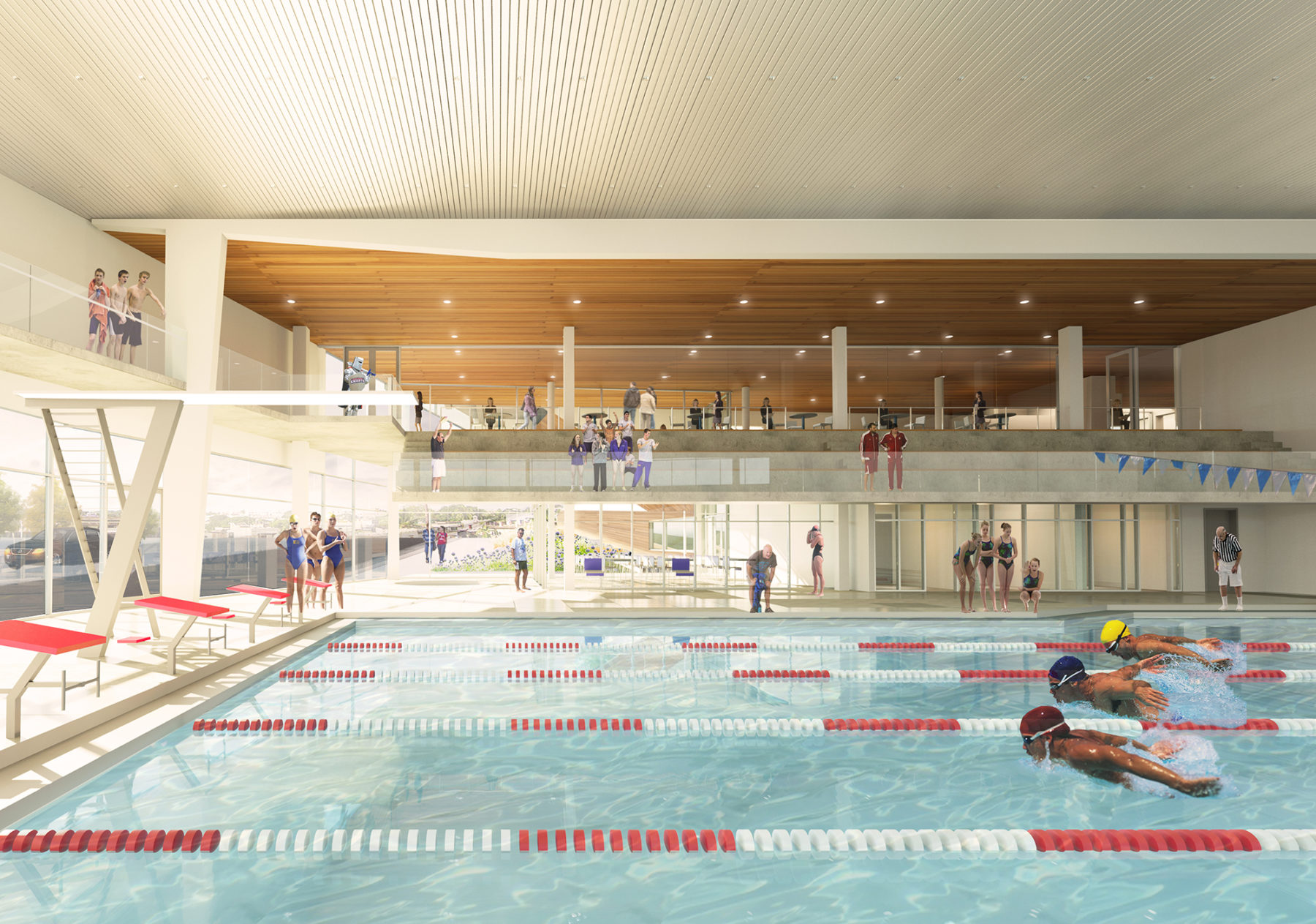 Interior of rendering of pool looking back towards spectator gallery