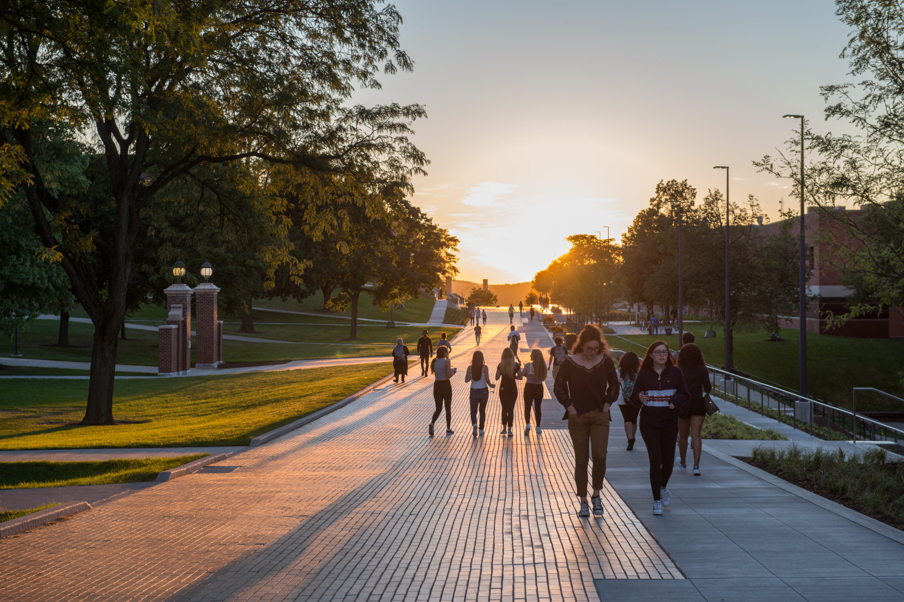 people walking at sunset