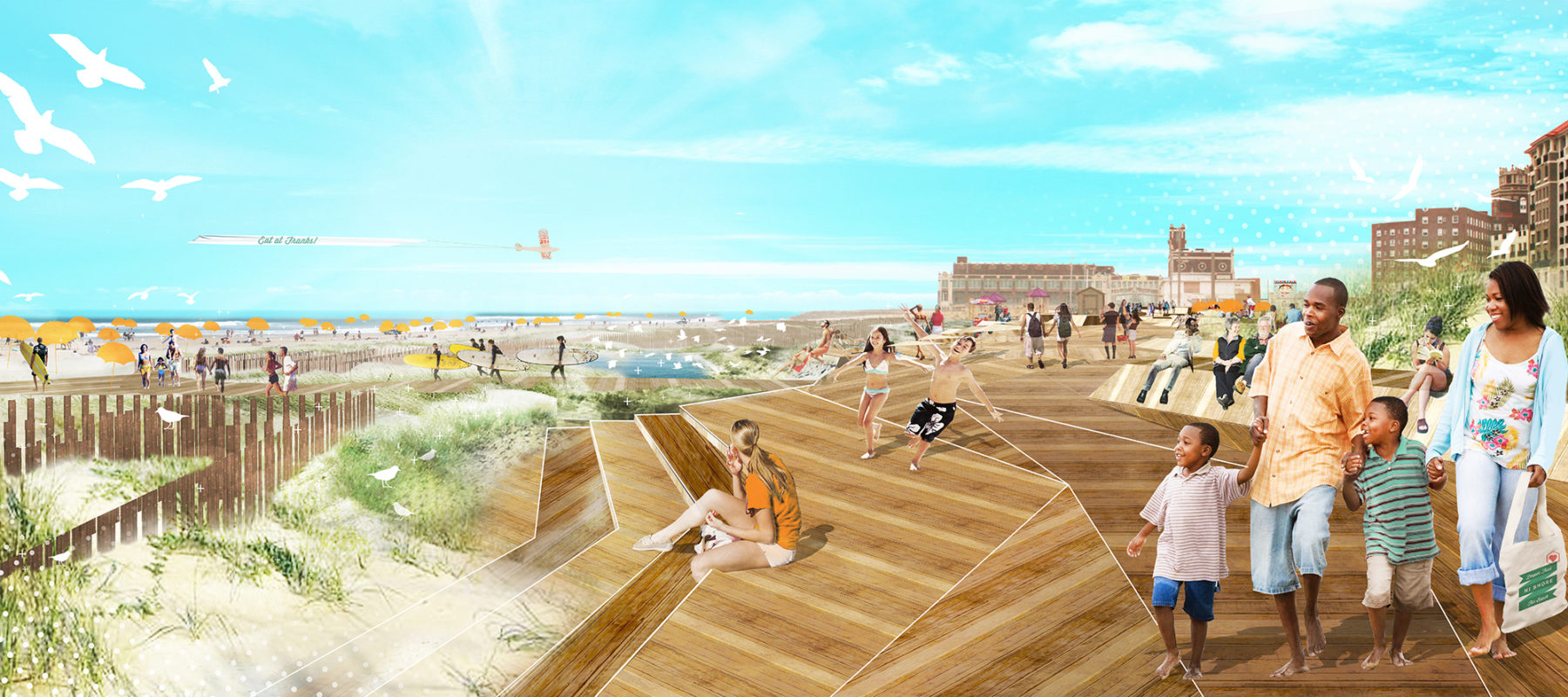 Rendering of vision for Ashbury with people on the boardwalk. A family holding hands walks along the boardwalk