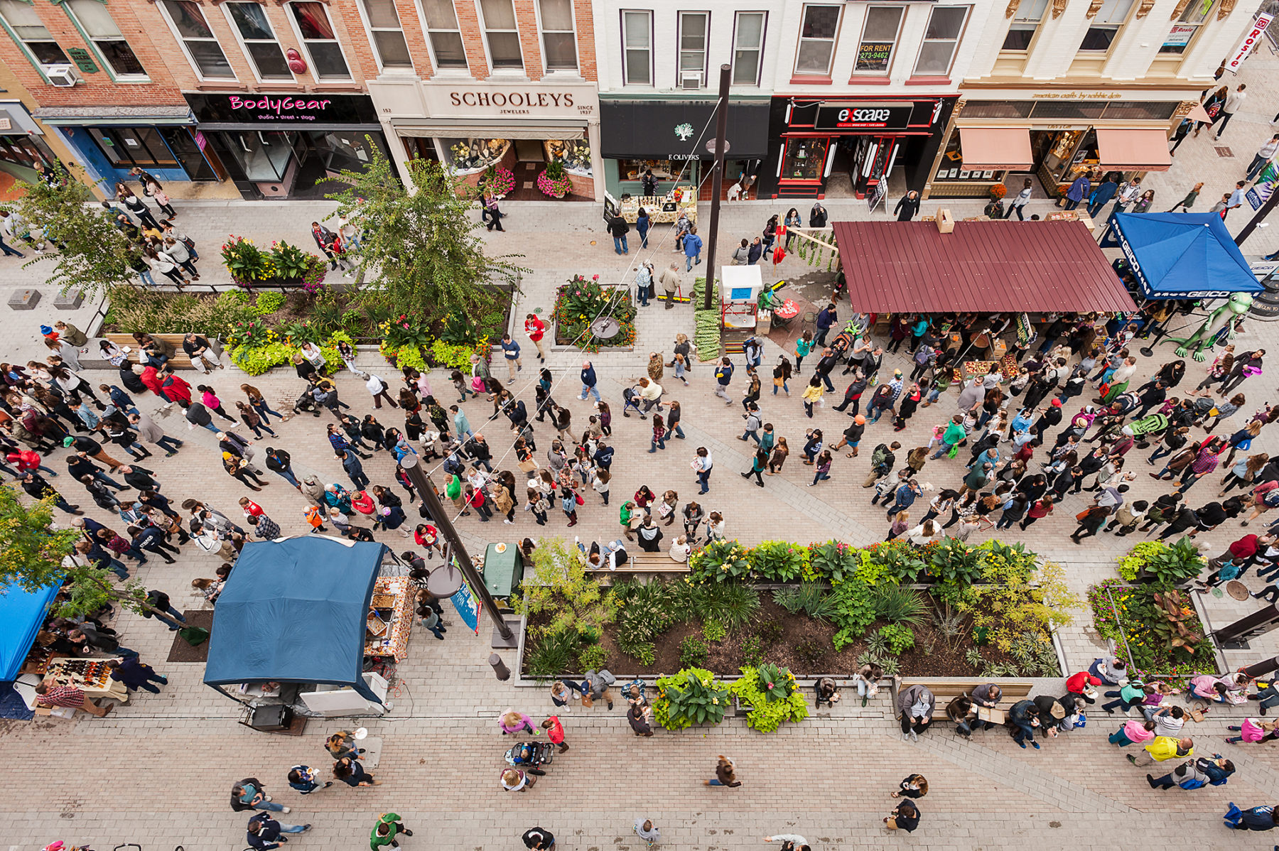 Aerial view of a crowd walking through the pedestrian mall