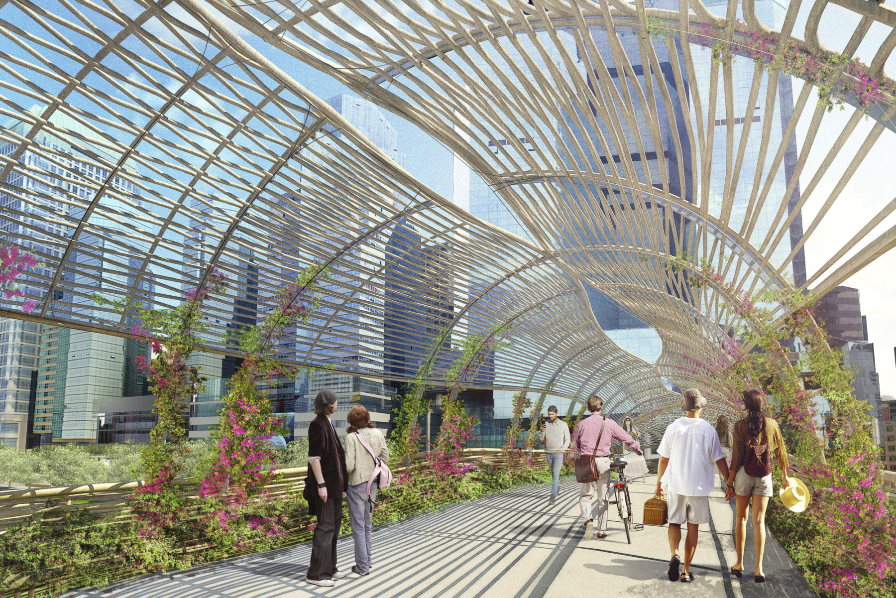 People walking through the new tunnel walkway with vines growing along the edges