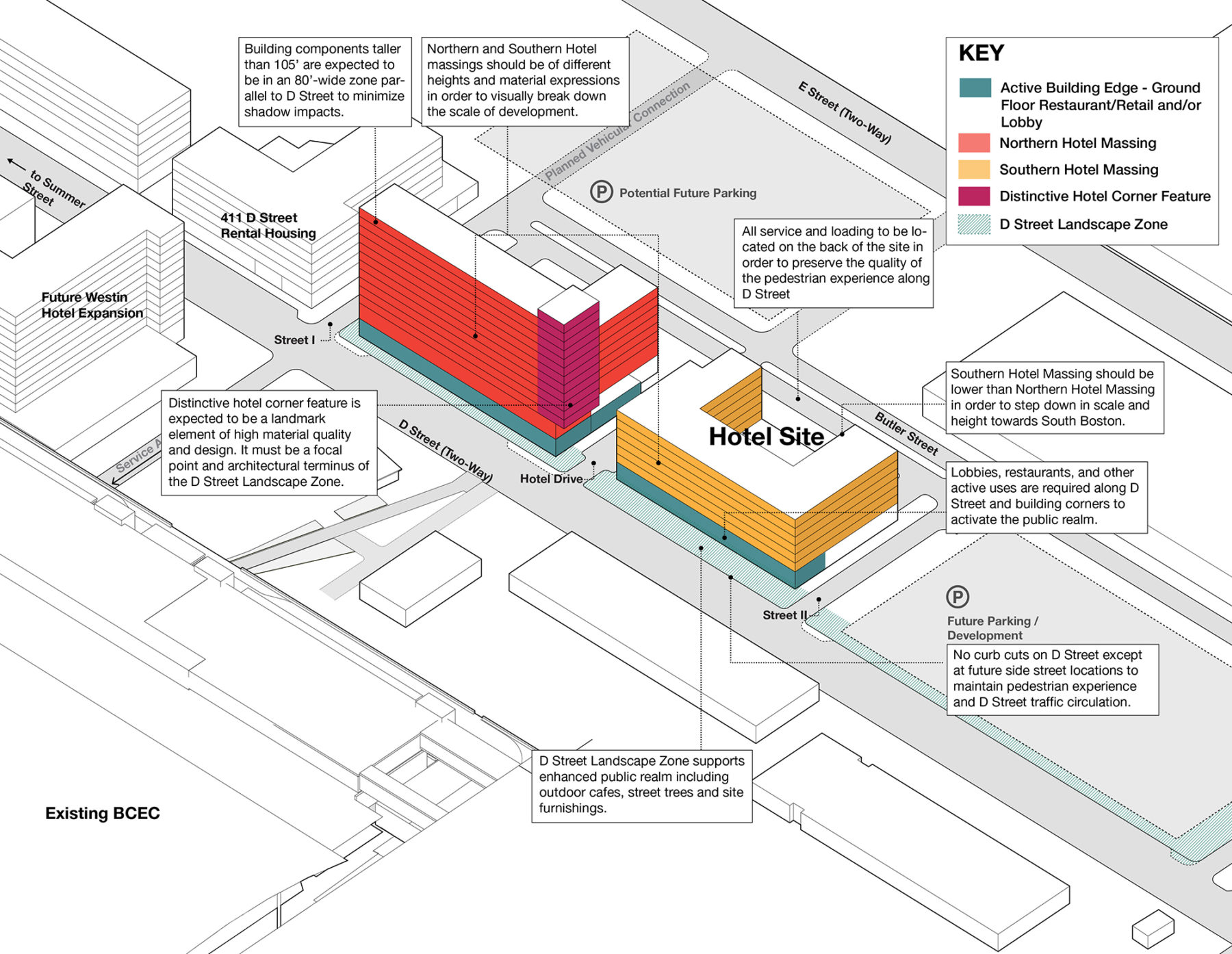 Axon drawing of the hotel site massing