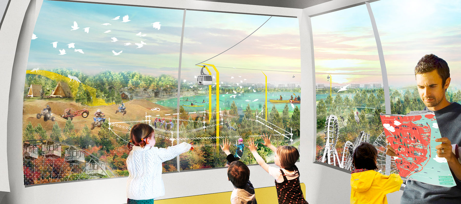 Rendering of the vision for Barrier Island. People ride in a cable car overlooking the site
